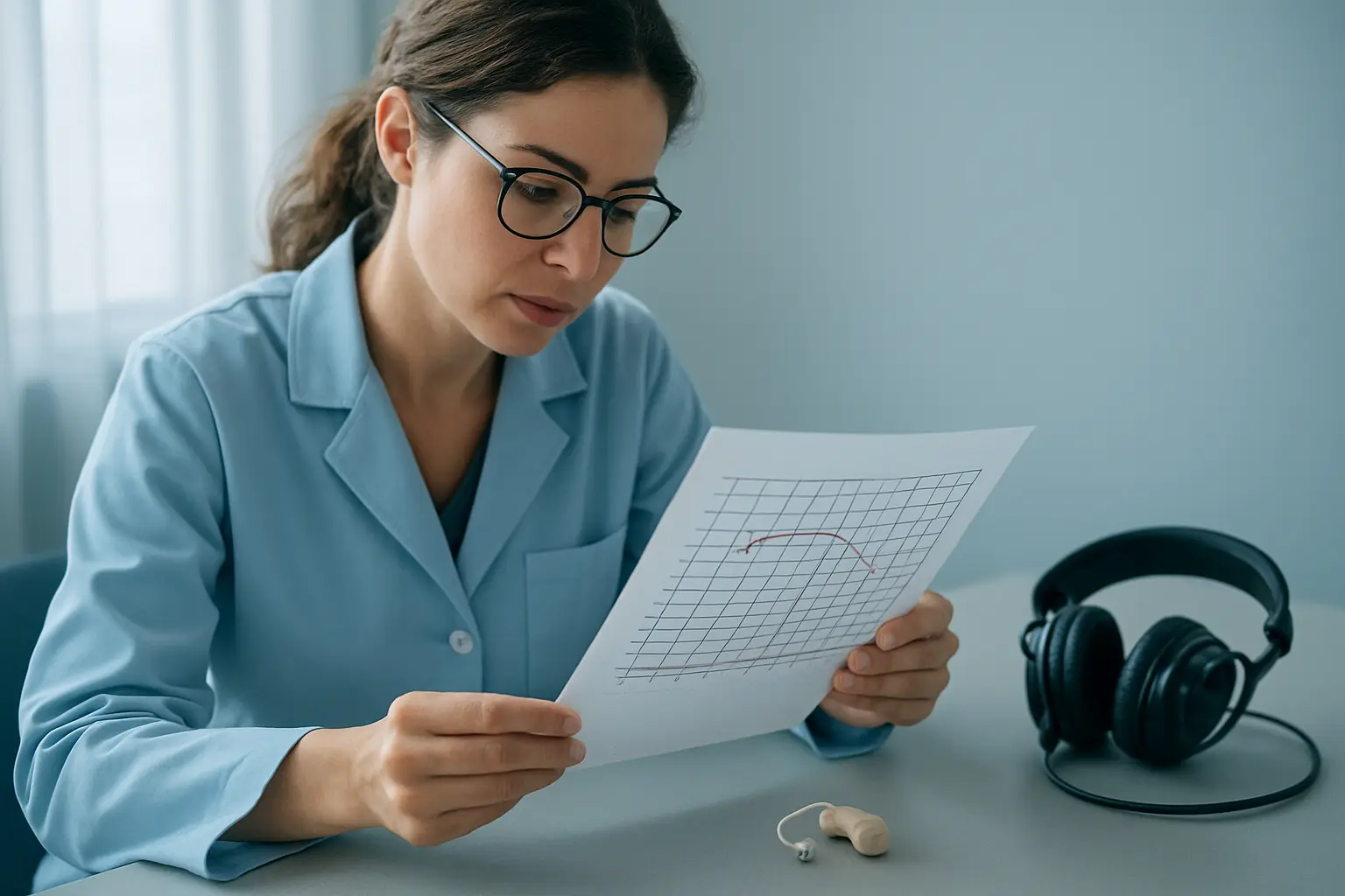 Audioprothésiste analysant un audiogramme dans un cabinet clinique
