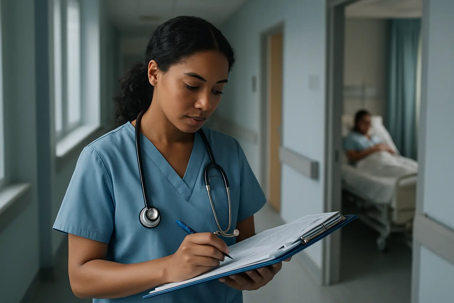Étudiante sage-femme prenant des notes cliniques en service de maternité pour son mémoire de recherche