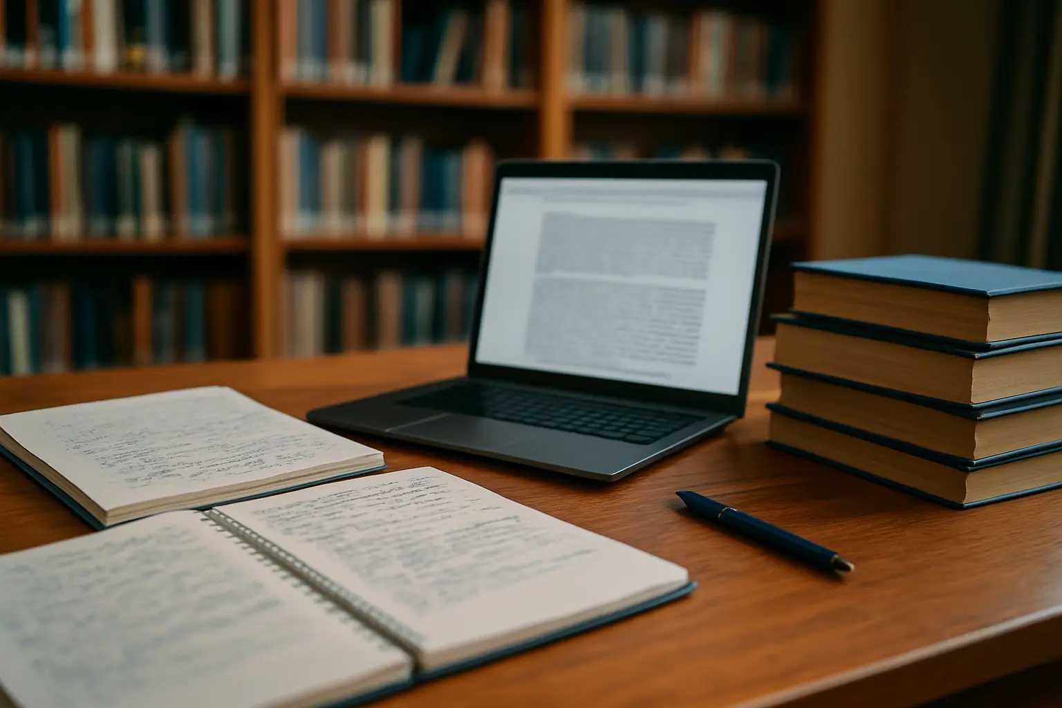 Espace de travail étudiant avec ordinateur et notes de recherche pour la rédaction d'un mémoire