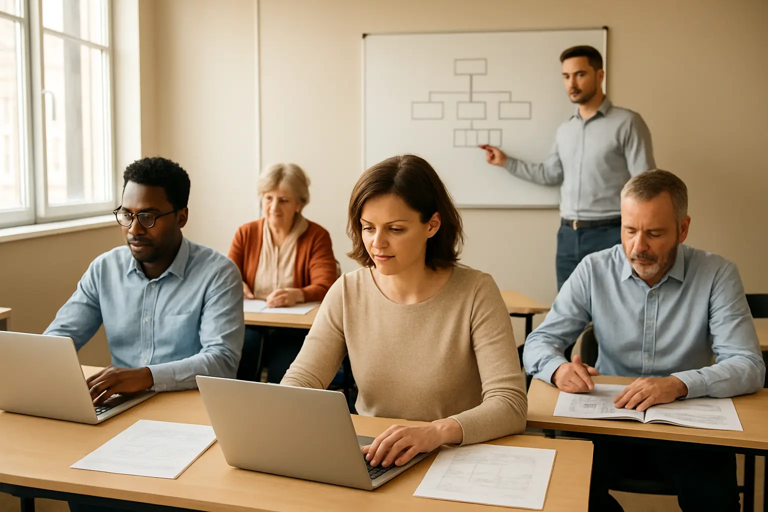 Adultes en formation certifiante par blocs de compétences dans une salle de formation
