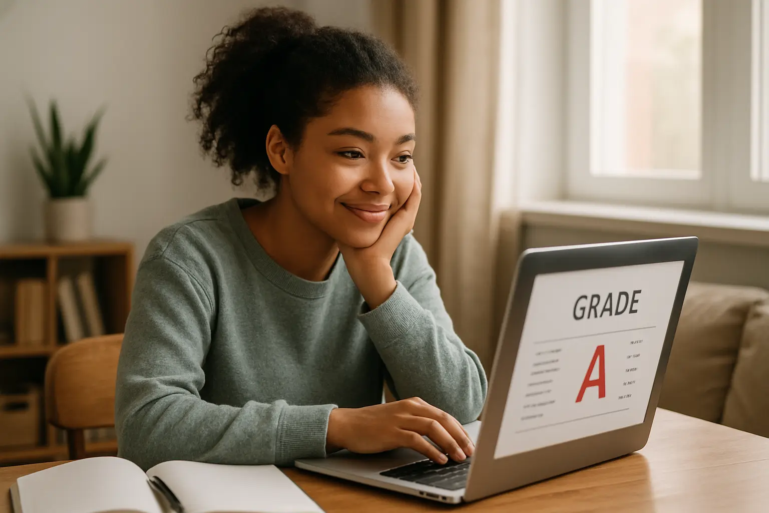 Étudiant consultant son relevé de notes en ligne après une soutenance de mémoire