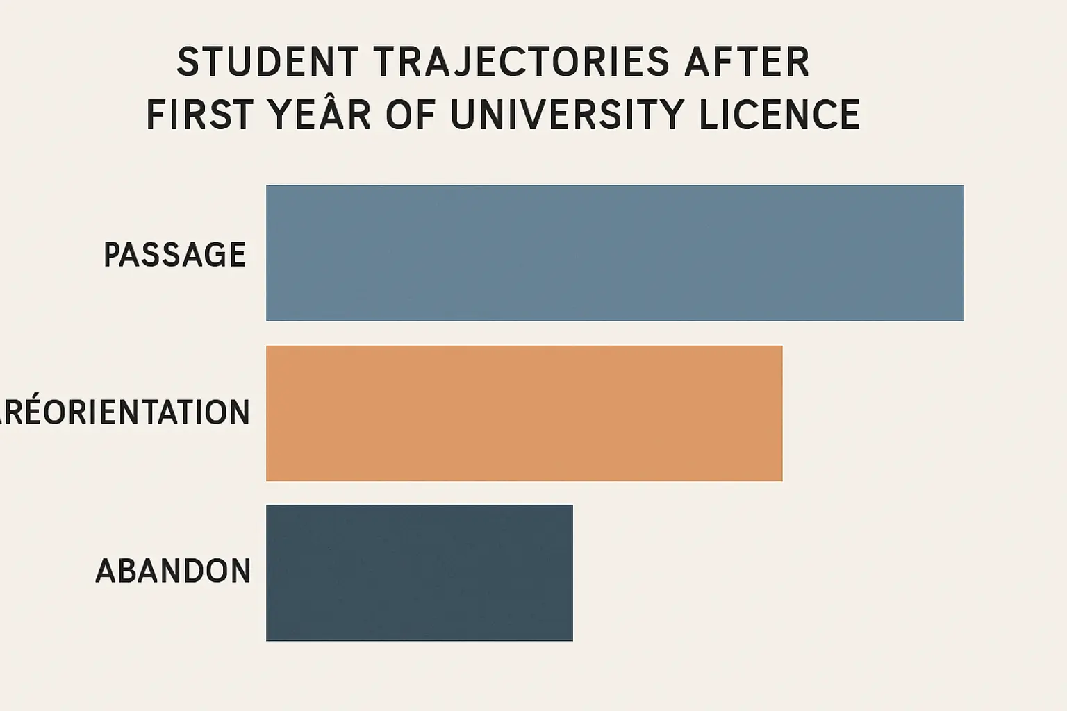 Illustration schématique des trois trajectoires des étudiants après la première année de licence : passage en L2, réorientation et sortie sans diplôme