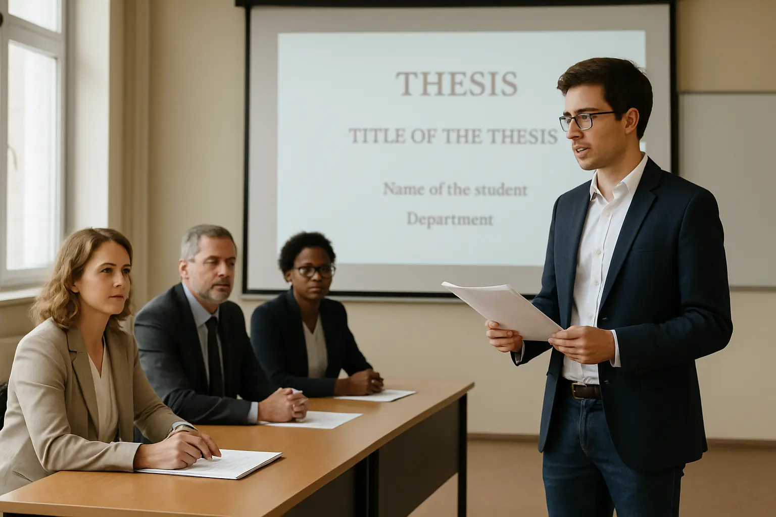 Étudiant présentant son mémoire devant un jury de trois personnes lors d'une soutenance universitaire