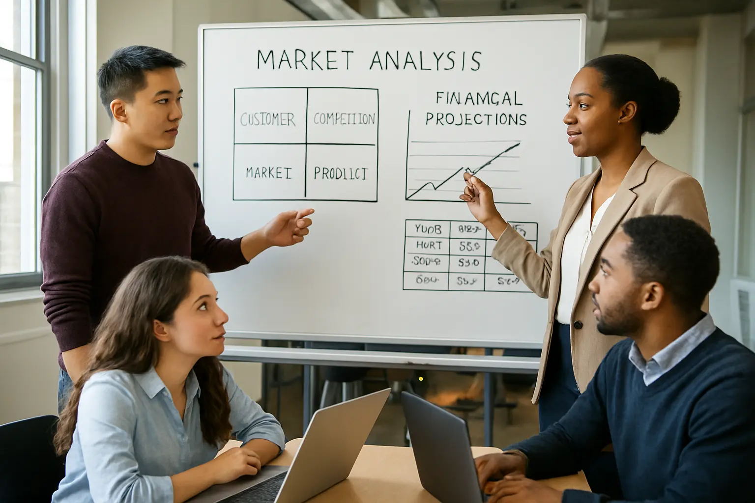 Équipe d'étudiants MBA travaillant sur un projet de conseil en entreprise