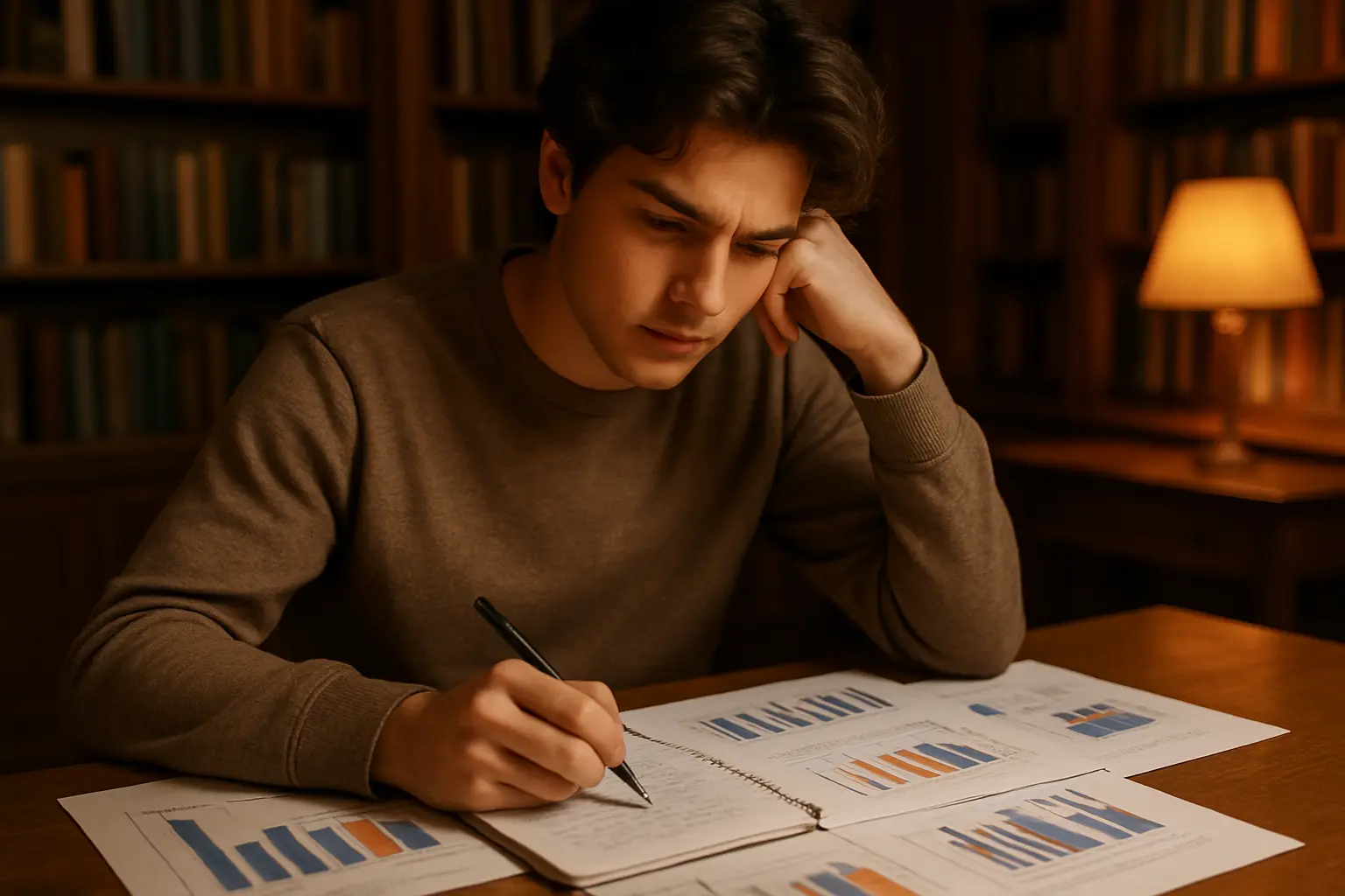 Étudiante analysant des résultats statistiques et prenant des notes