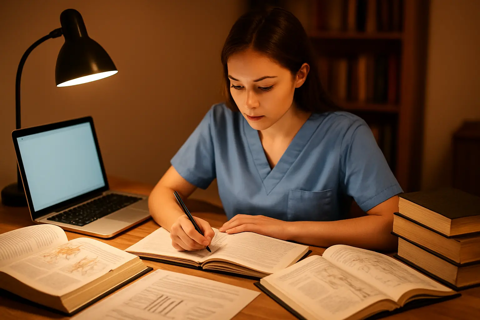 Étudiant en électroradiologie rédigeant son mémoire avec des documents techniques
