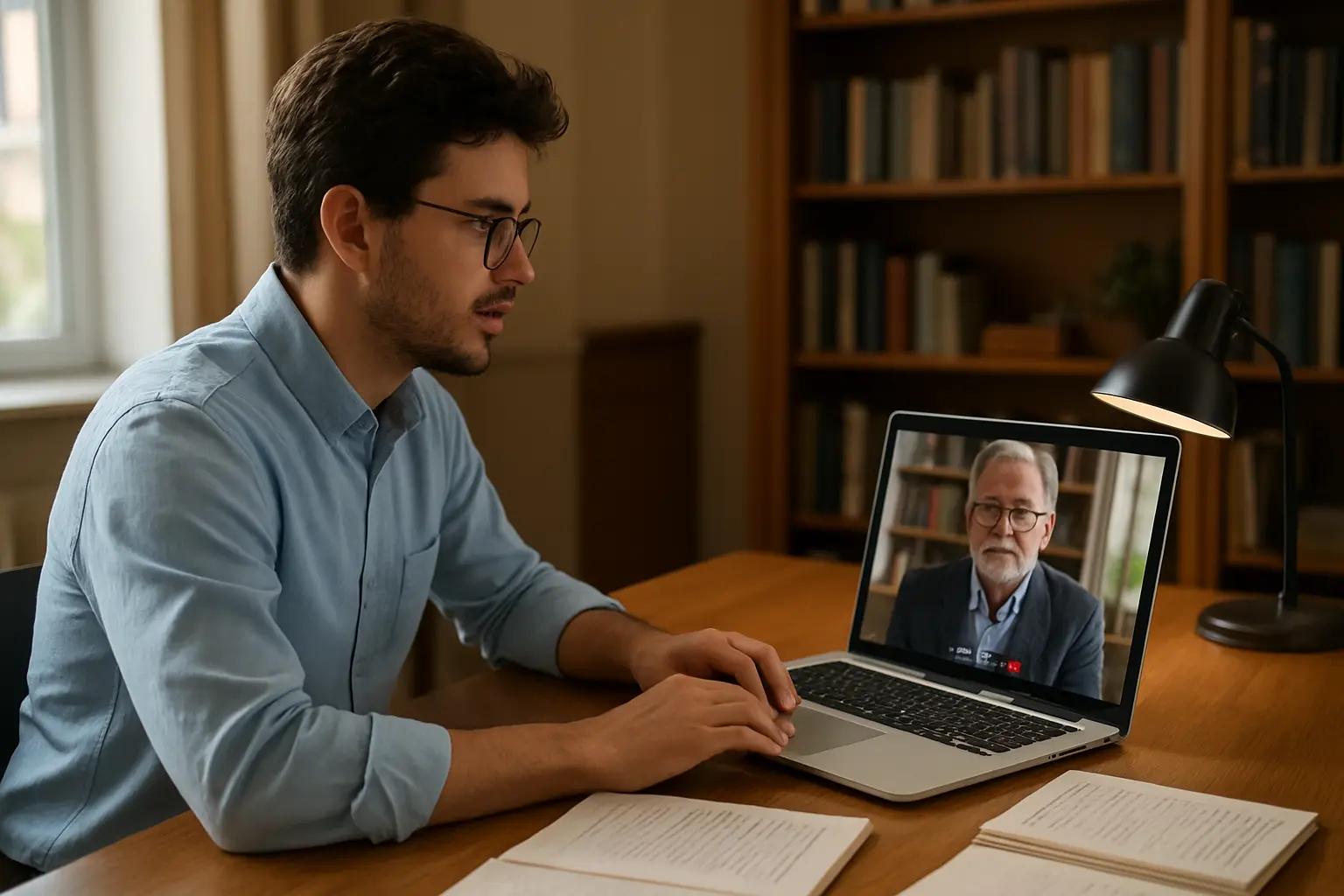 Doctorant en visioconférence avec un futur directeur de thèse à l'étranger