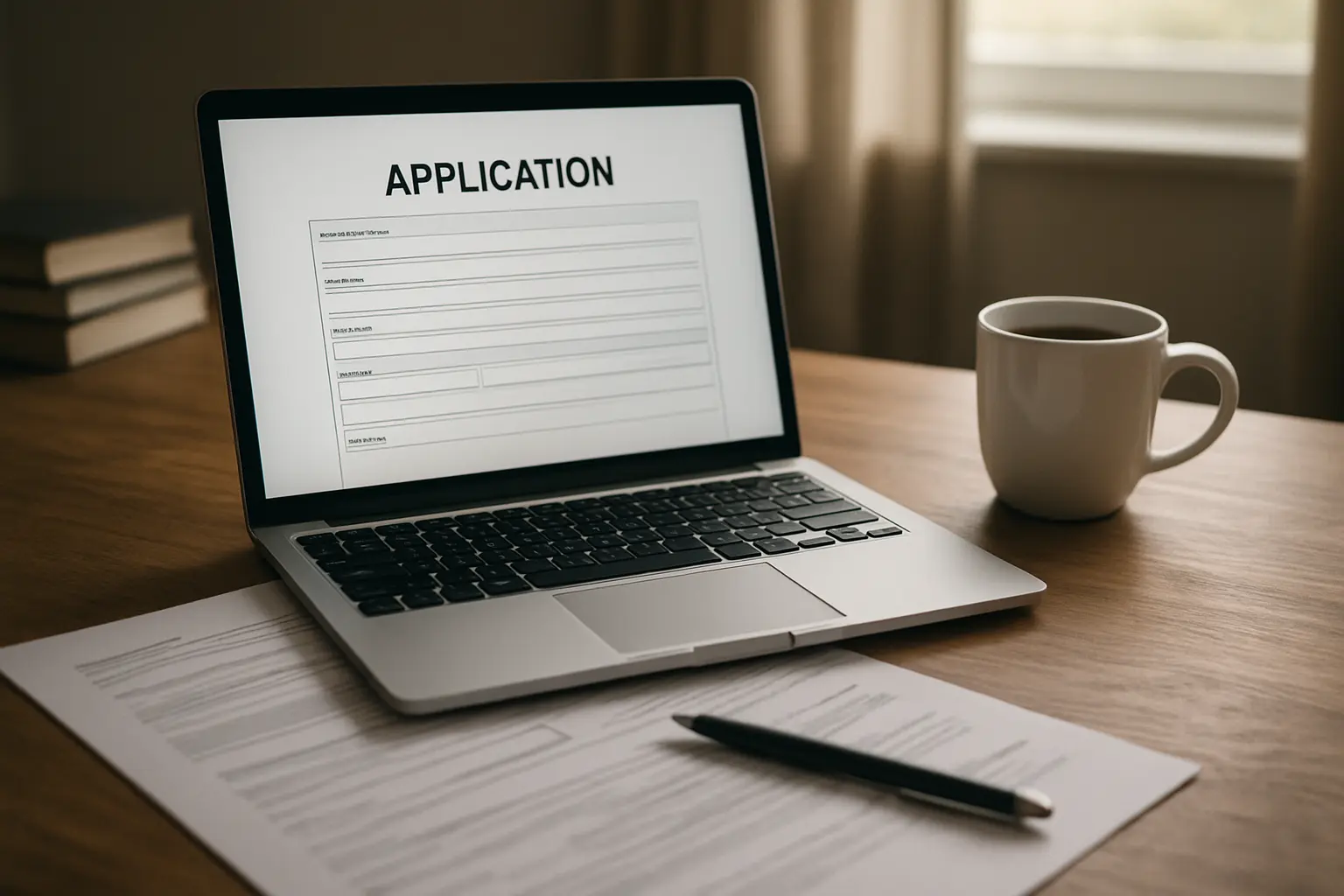 Préparation d'un dossier de candidature universitaire avec ordinateur portable et documents