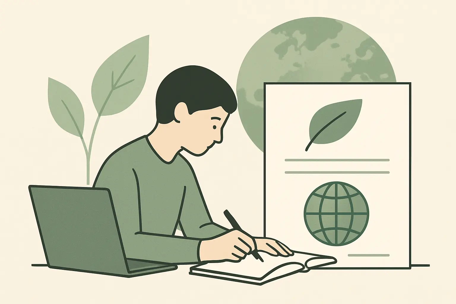 Étudiant rédigeant un mémoire sur le développement durable
