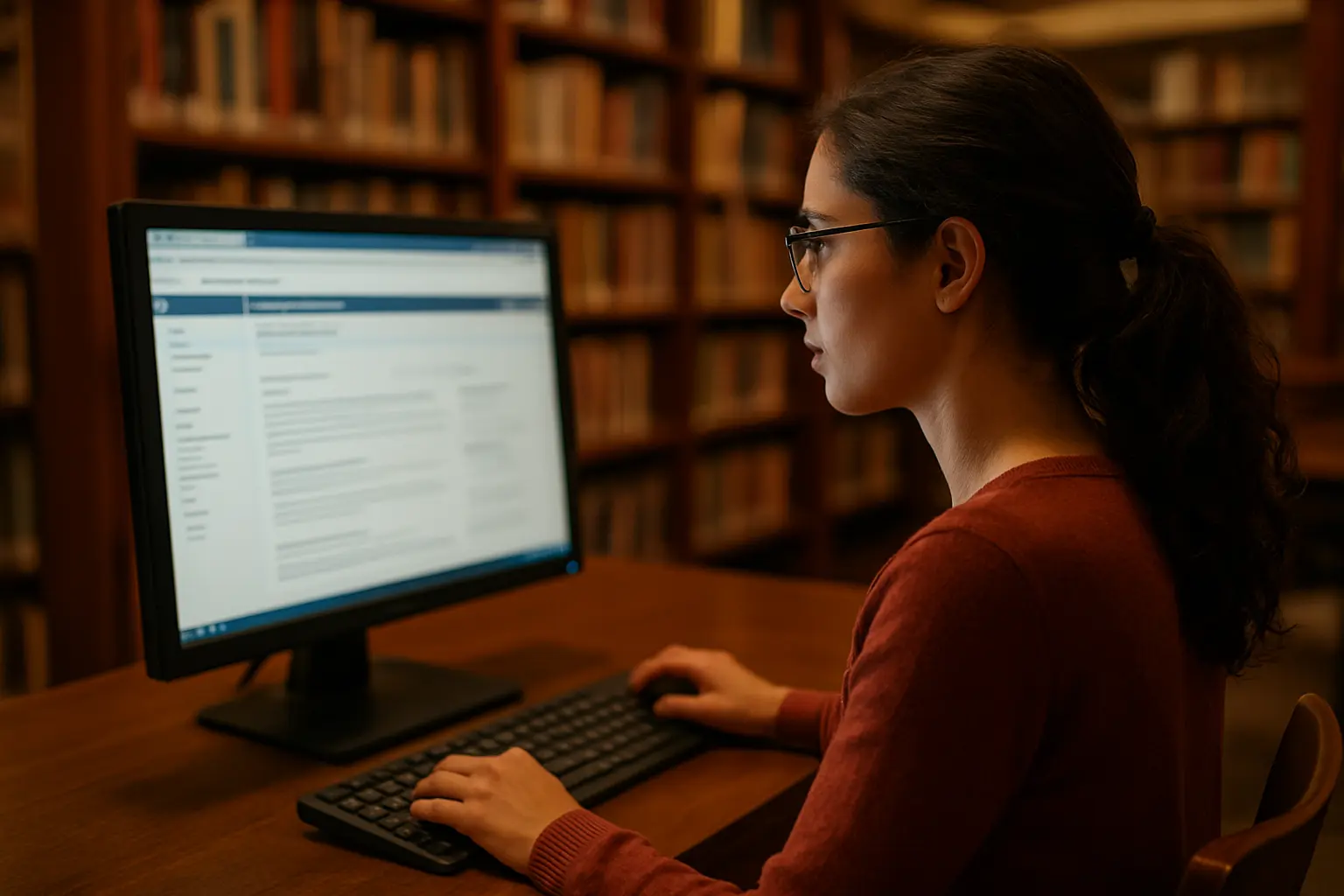 Étudiant consultant une base de données documentaire dans une bibliothèque universitaire