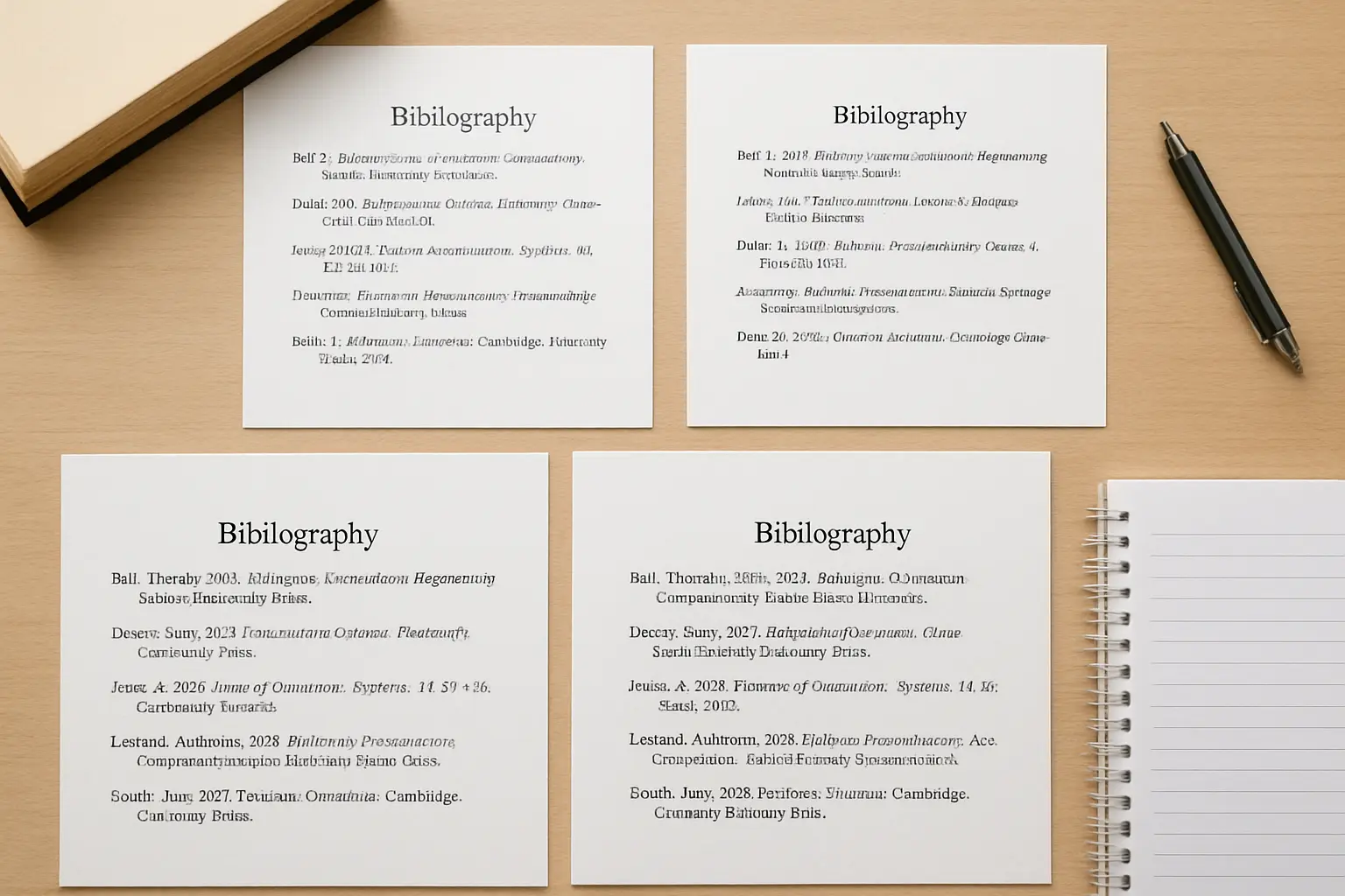 Comparaison de plusieurs styles de citation sur des pages de mémoire imprimées