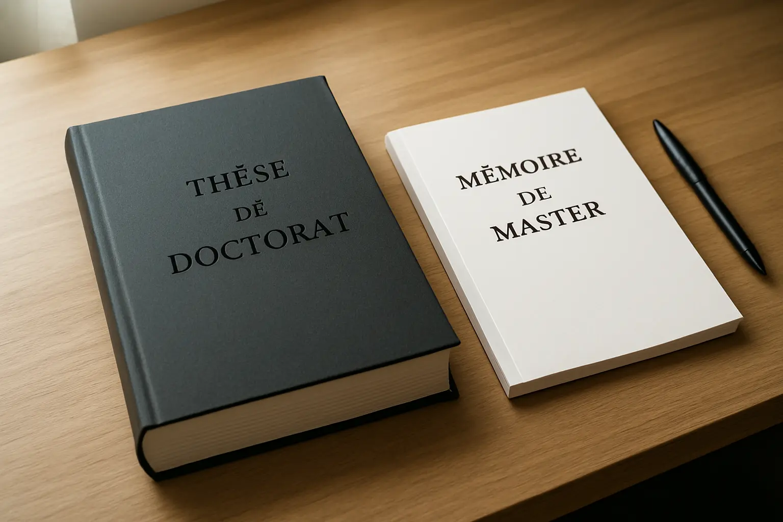 Comparaison visuelle entre une thèse de doctorat et un mémoire de master, illustrant leurs niveaux de validation différents