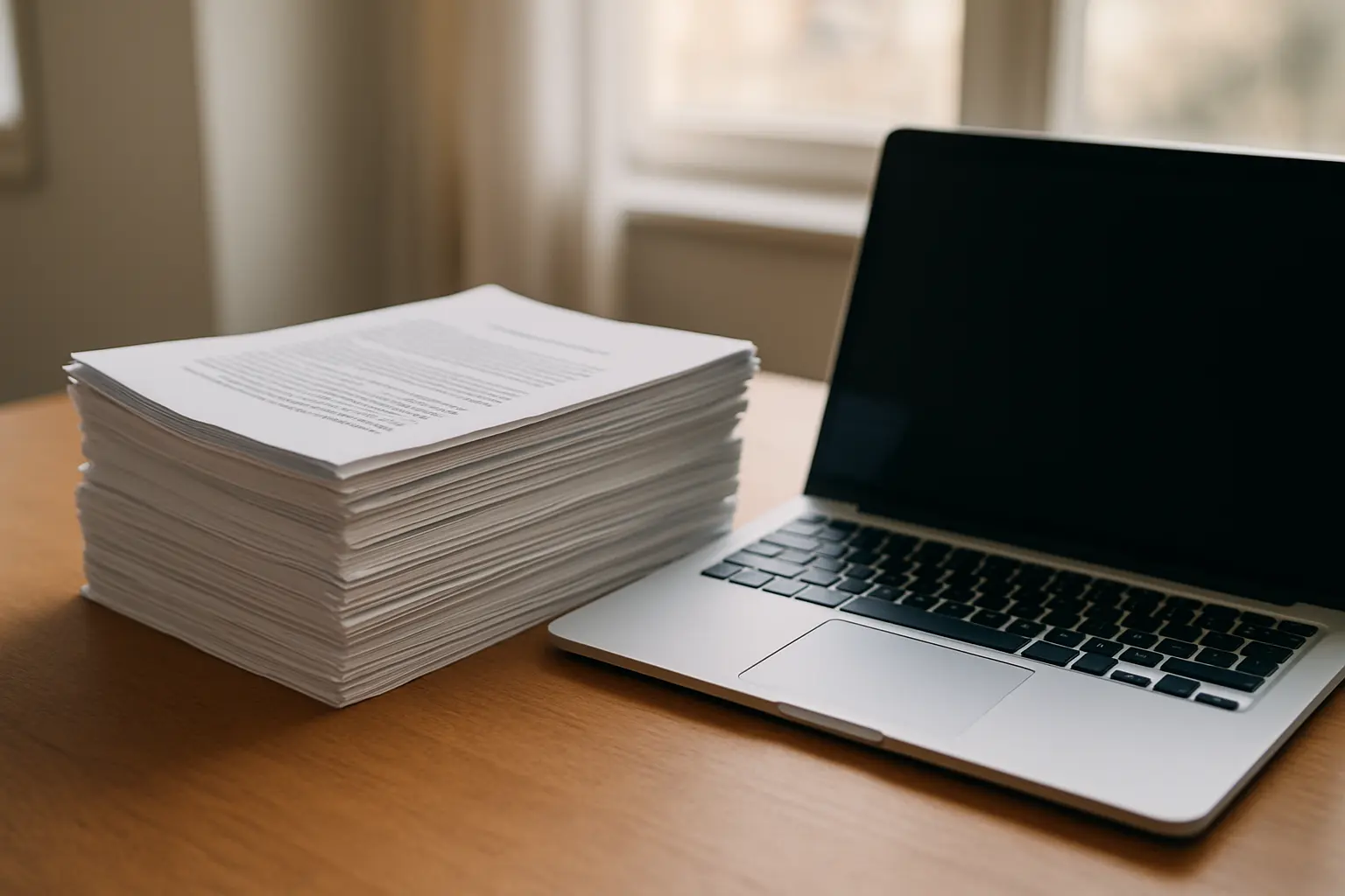 Pile de pages imprimées d'un mémoire volumineux à côté d'un ordinateur portable, illustrant le poids d'un fichier PDF riche en images