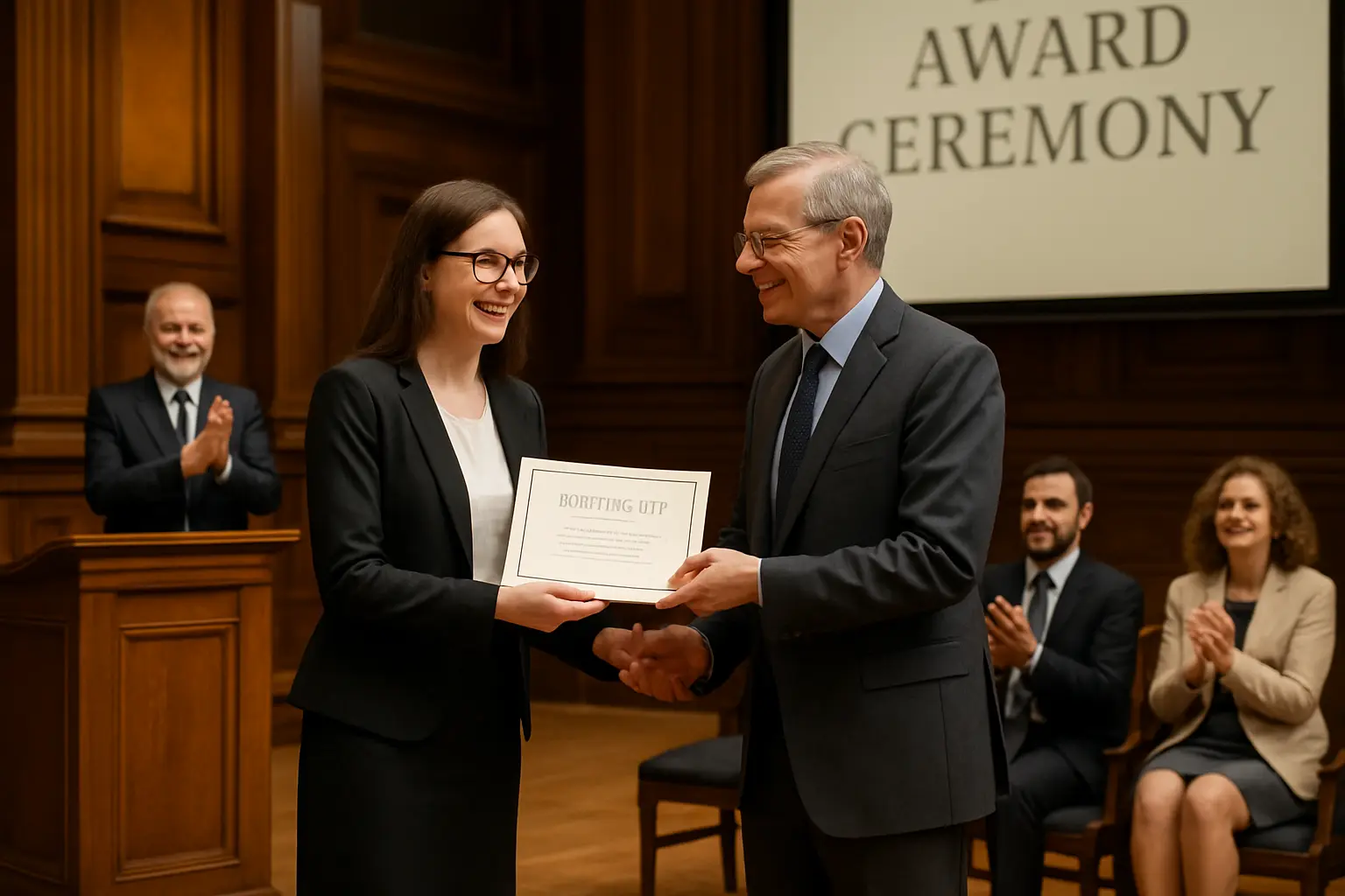 Cérémonie de remise d'un prix universitaire à une jeune chercheuse