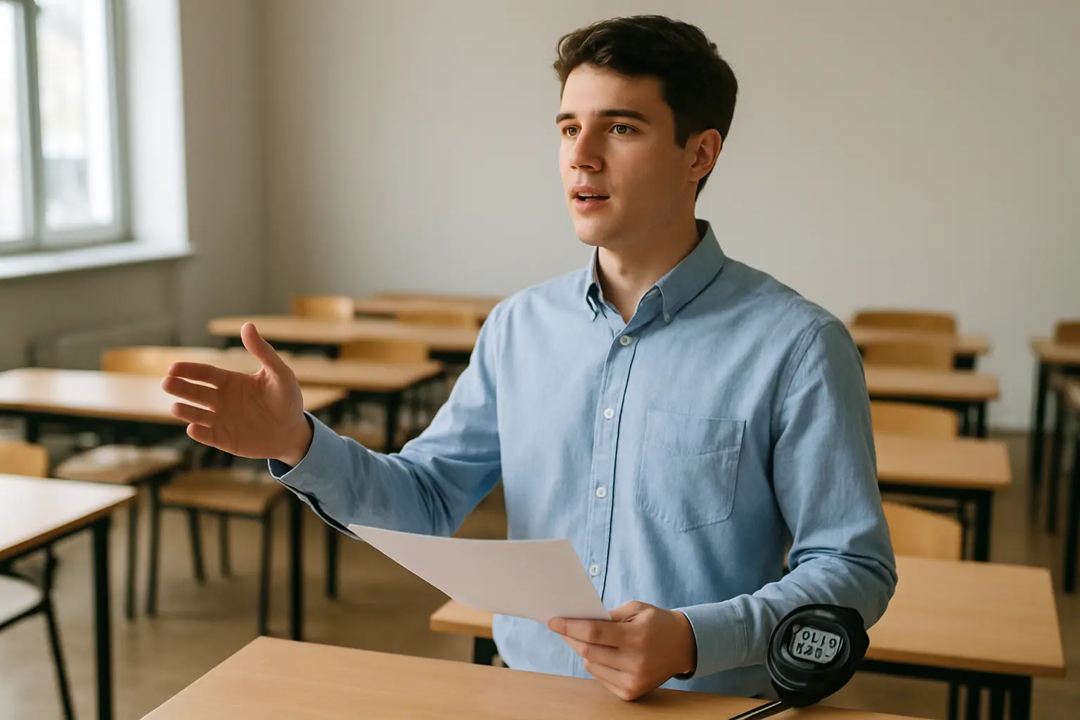 Étudiant s'entraînant à sa présentation orale au chronomètre avant sa soutenance de mémoire