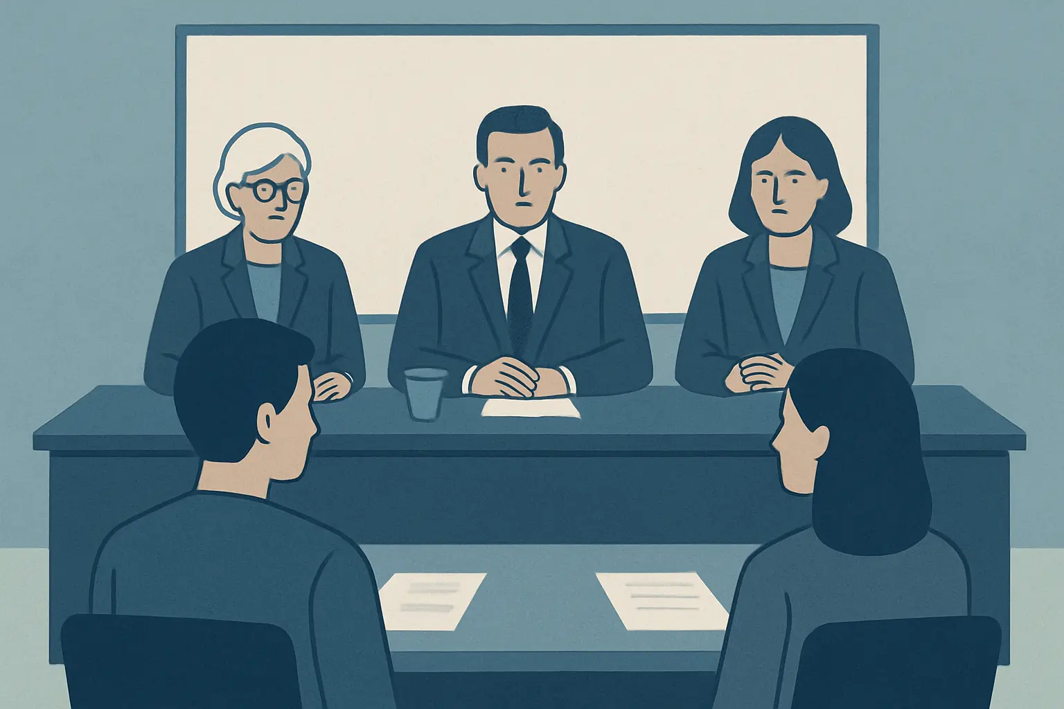 Illustration de deux étudiants soutenant ensemble leur mémoire devant un jury