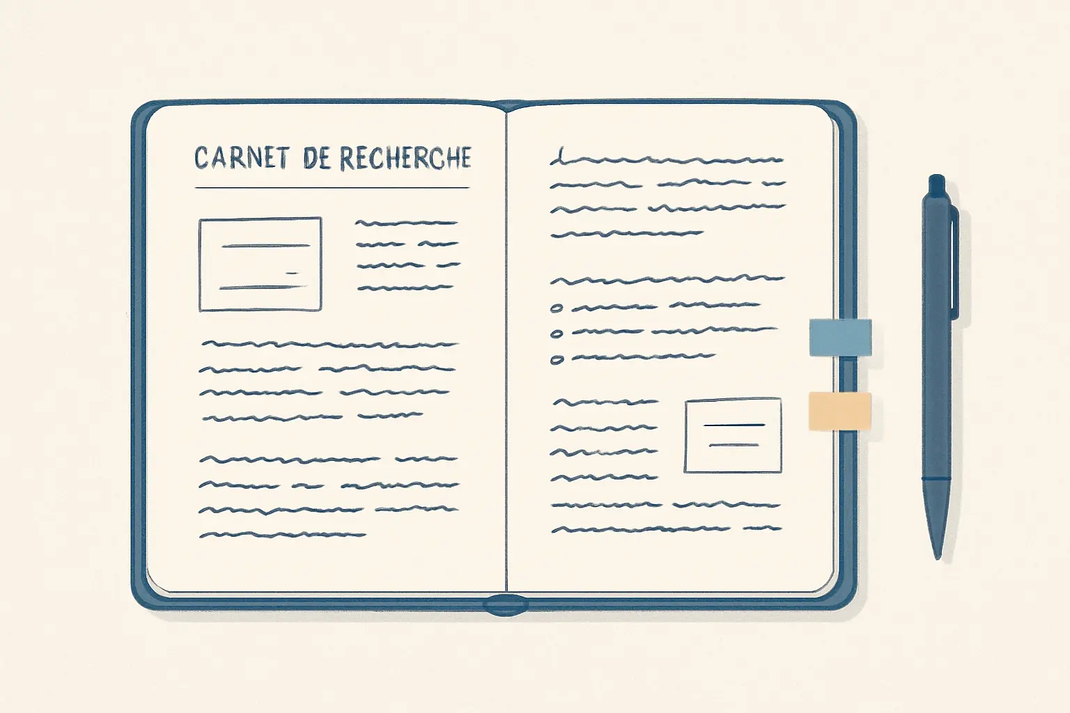 Carnet de recherche ouvert avec annotations représentant les quatre types de notes du journal de bord
