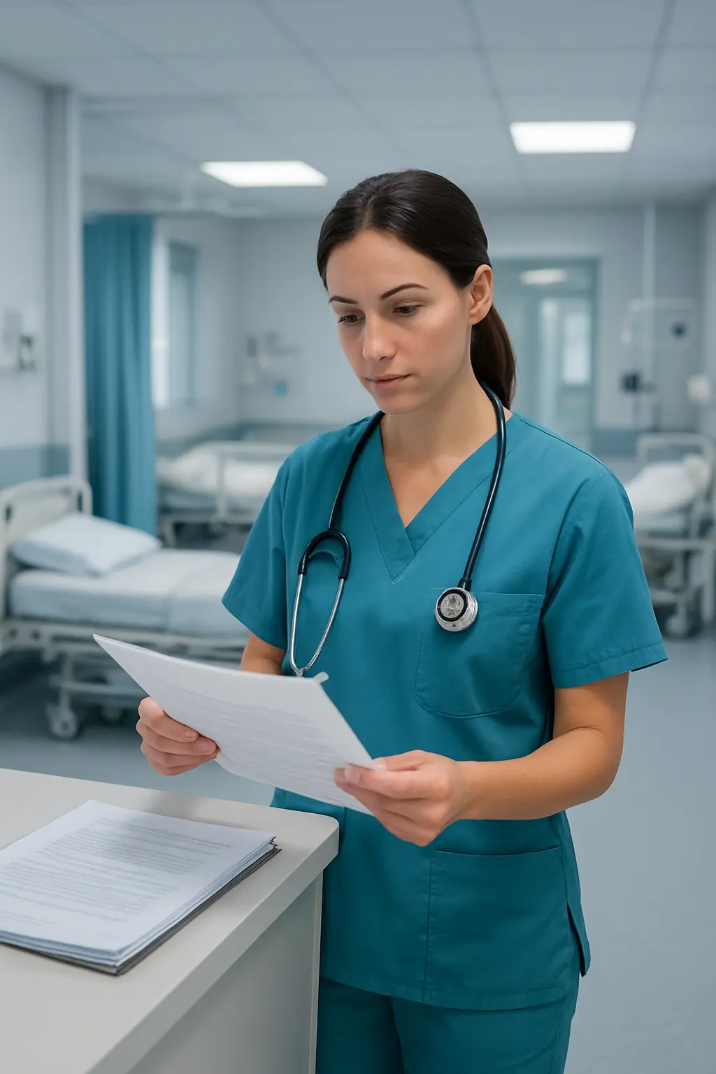 Infirmière spécialisée consultant des documents professionnels dans un service hospitalier
