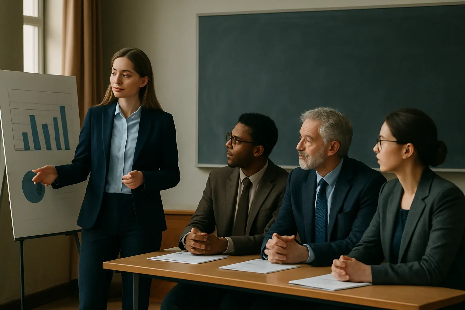 Étudiant présentant son mémoire debout devant un jury