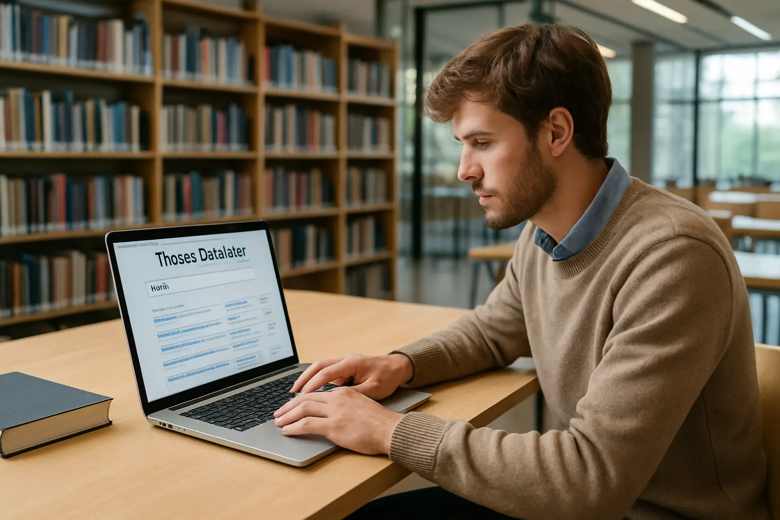 Étudiant consultant une base de données de thèses universitaires en ligne pour trouver une source citable et fiable