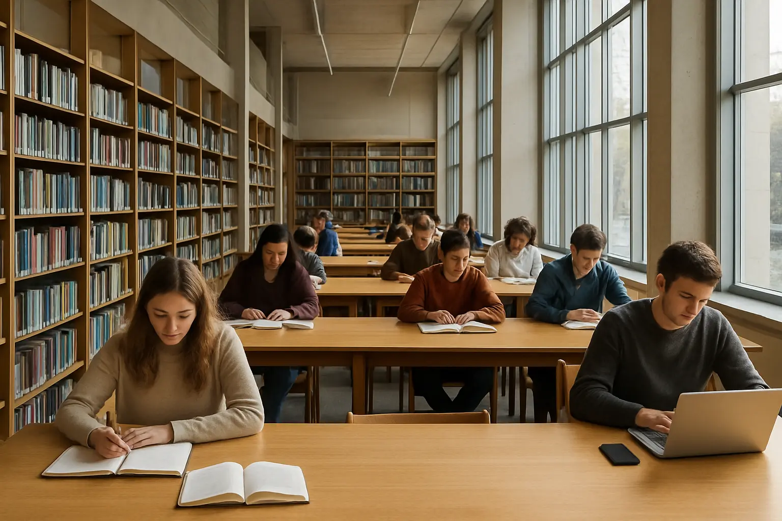 Salle de lecture d'une bibliothèque universitaire moderne avec étudiants au travail