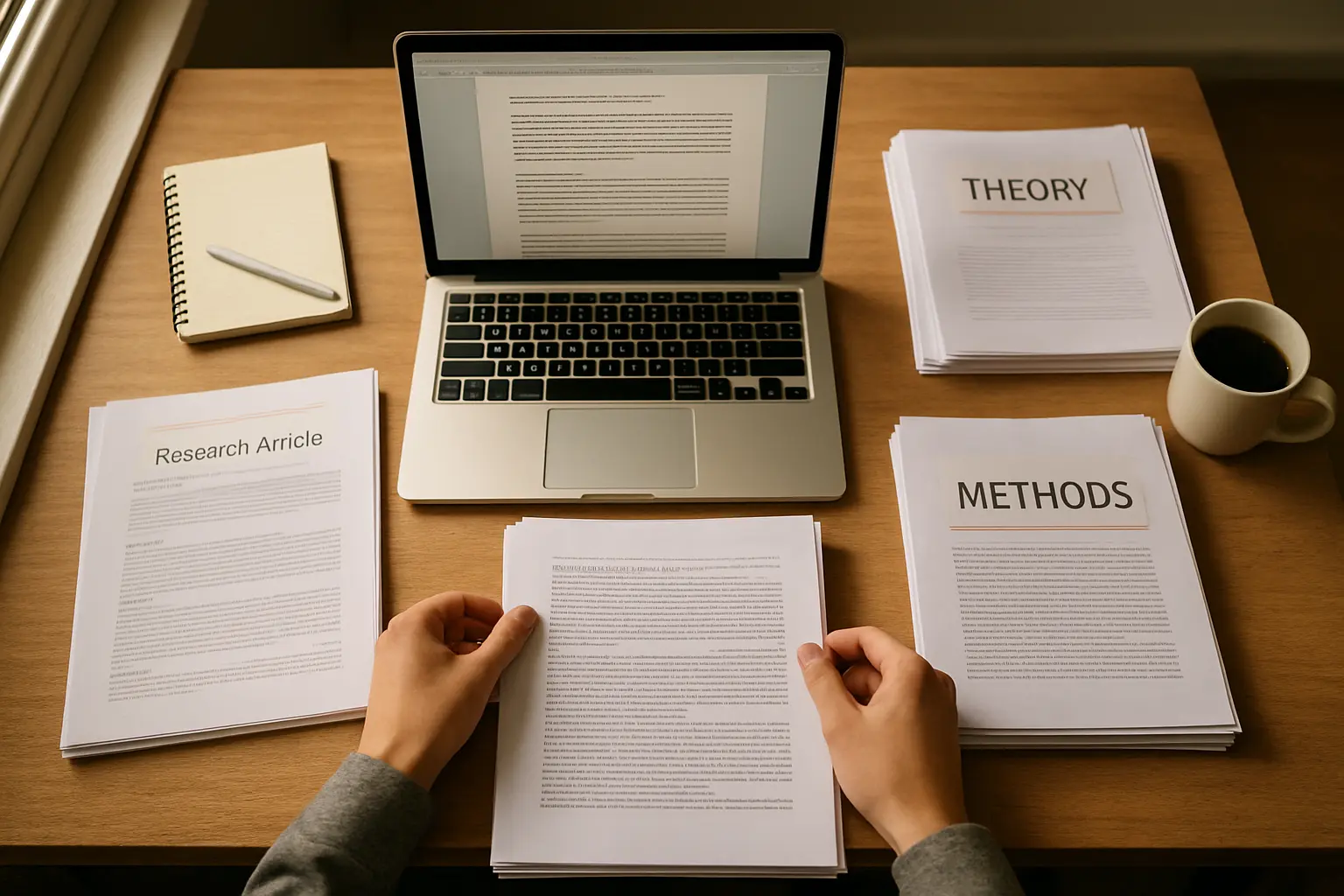 Étudiant organisant ses sources PDF et articles de recherche avant de les téléverser dans un outil d'IA documentaire