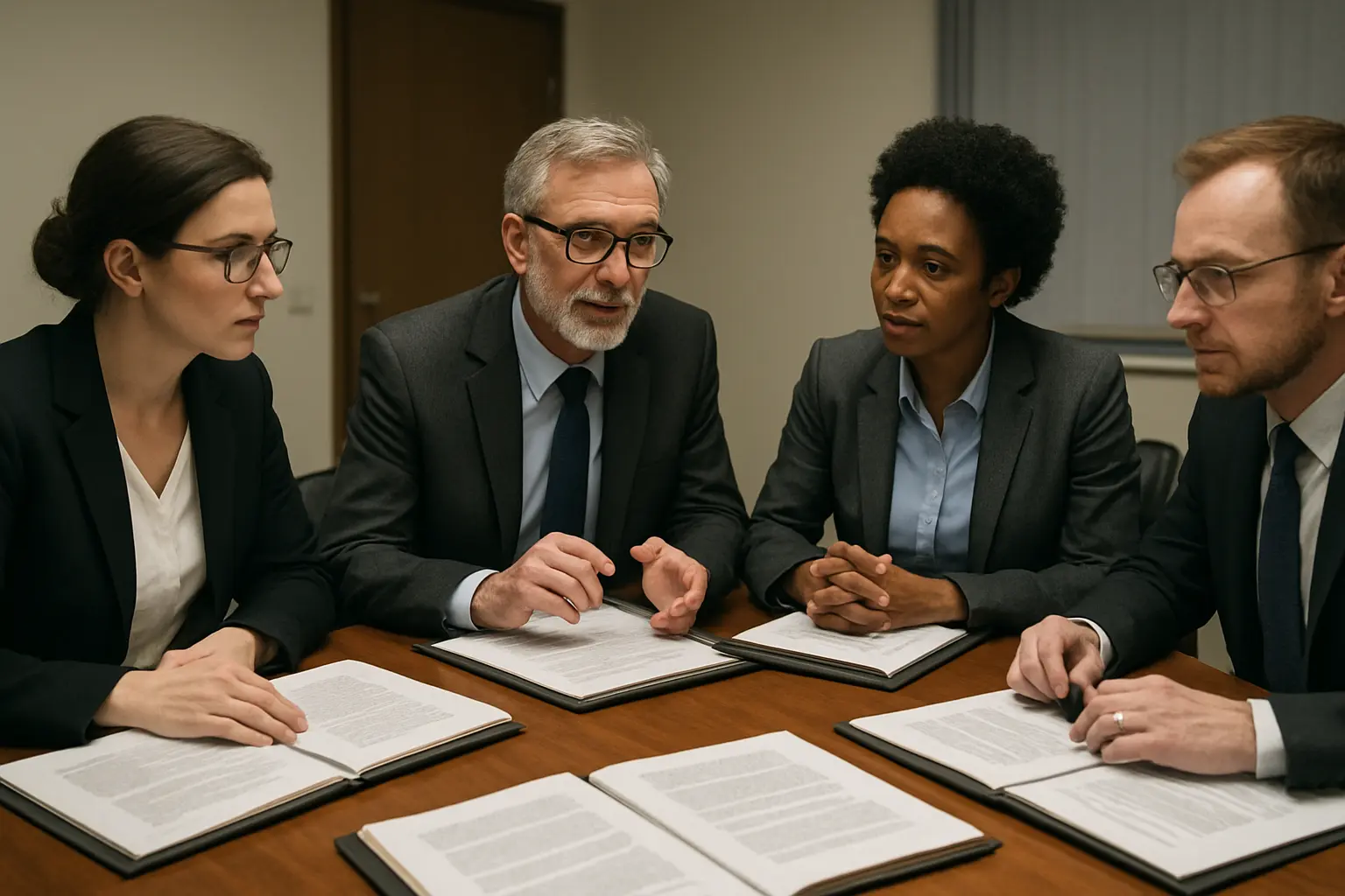 Membres du jury en délibération à huis clos après une soutenance de mémoire, dossiers ouverts sur la table