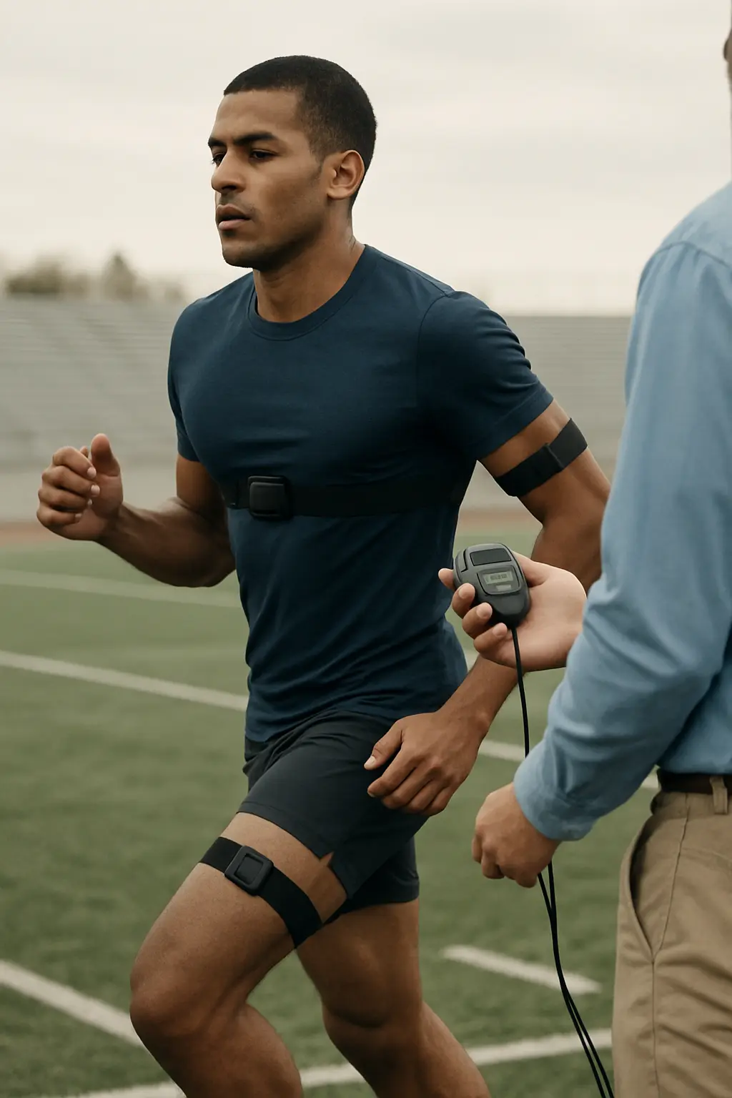 Protocole expérimental sur un terrain de sport avec chronomètre et capteurs