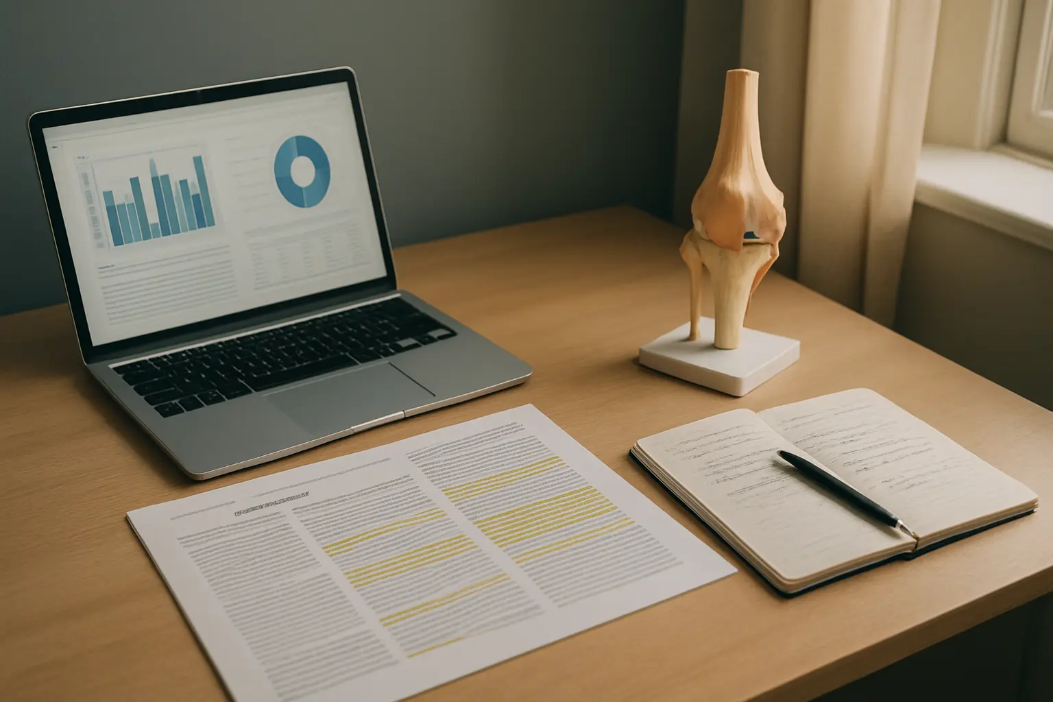 Bureau d'étudiant en kinésithérapie avec articles scientifiques et ordinateur portable pour la revue de littérature EBP