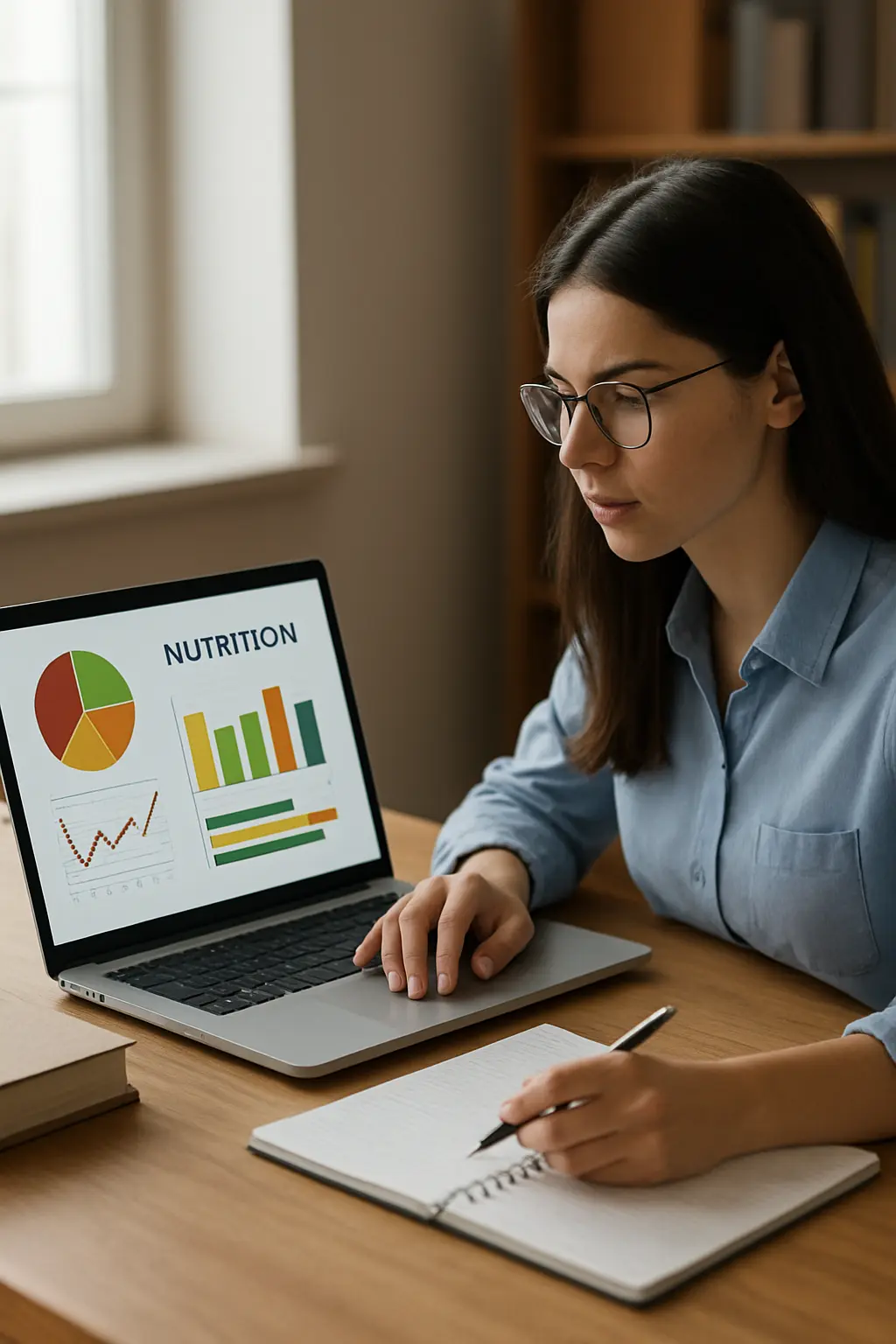 Étudiante en nutrition analysant les données statistiques d'une enquête alimentaire sur ordinateur