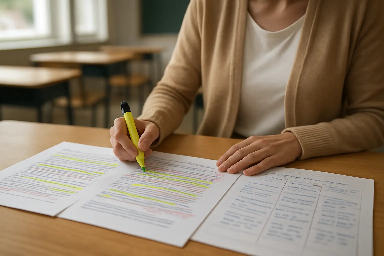 Enseignant analysant une séquence pédagogique avec des travaux d'élèves annotés
