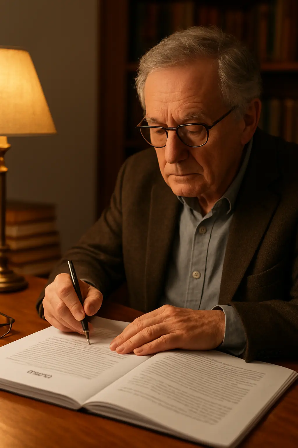 Enseignant-chercheur annotant un manuscrit de thèse avant la soutenance