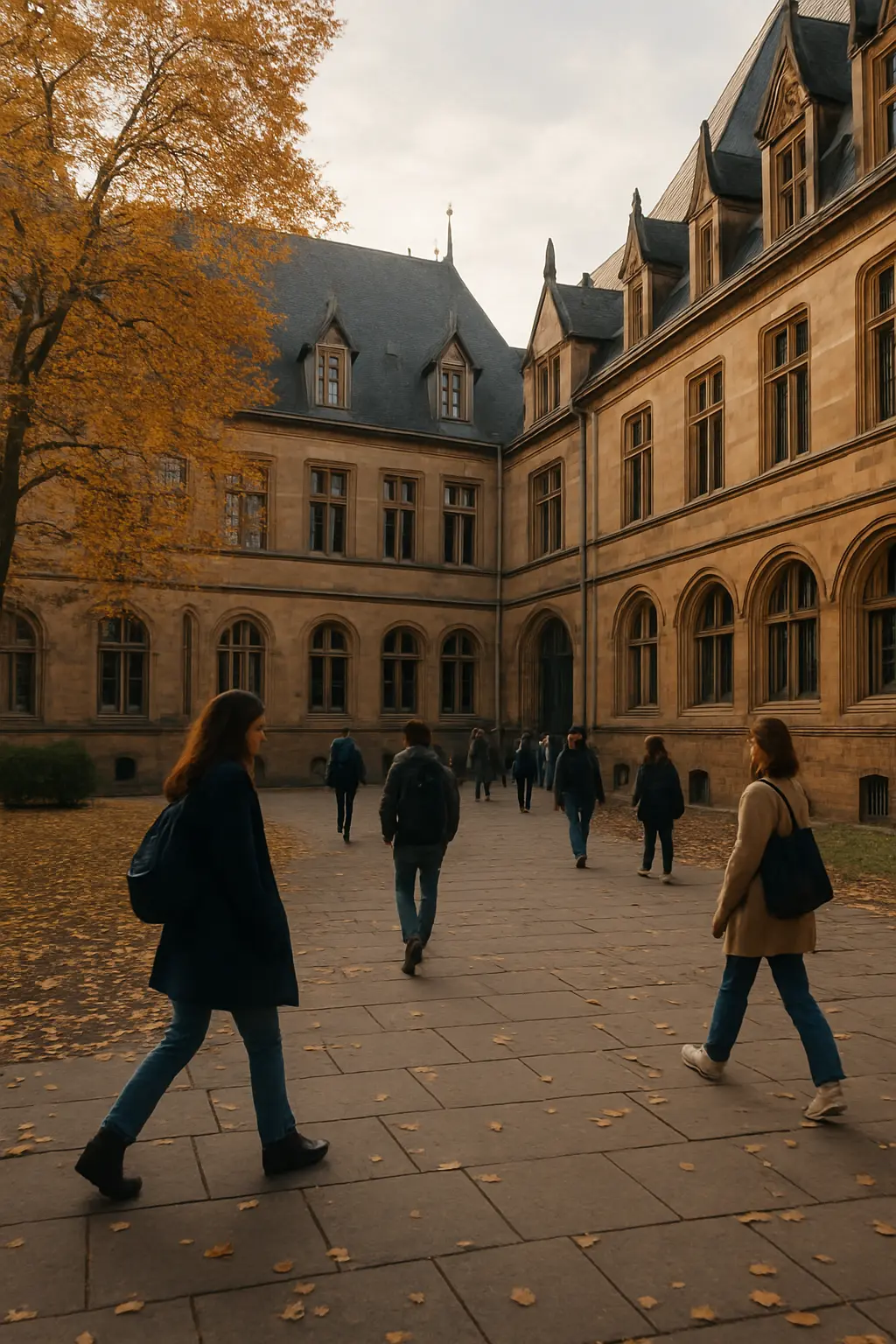 Cour d'un campus universitaire français avec bâtiments historiques et étudiants