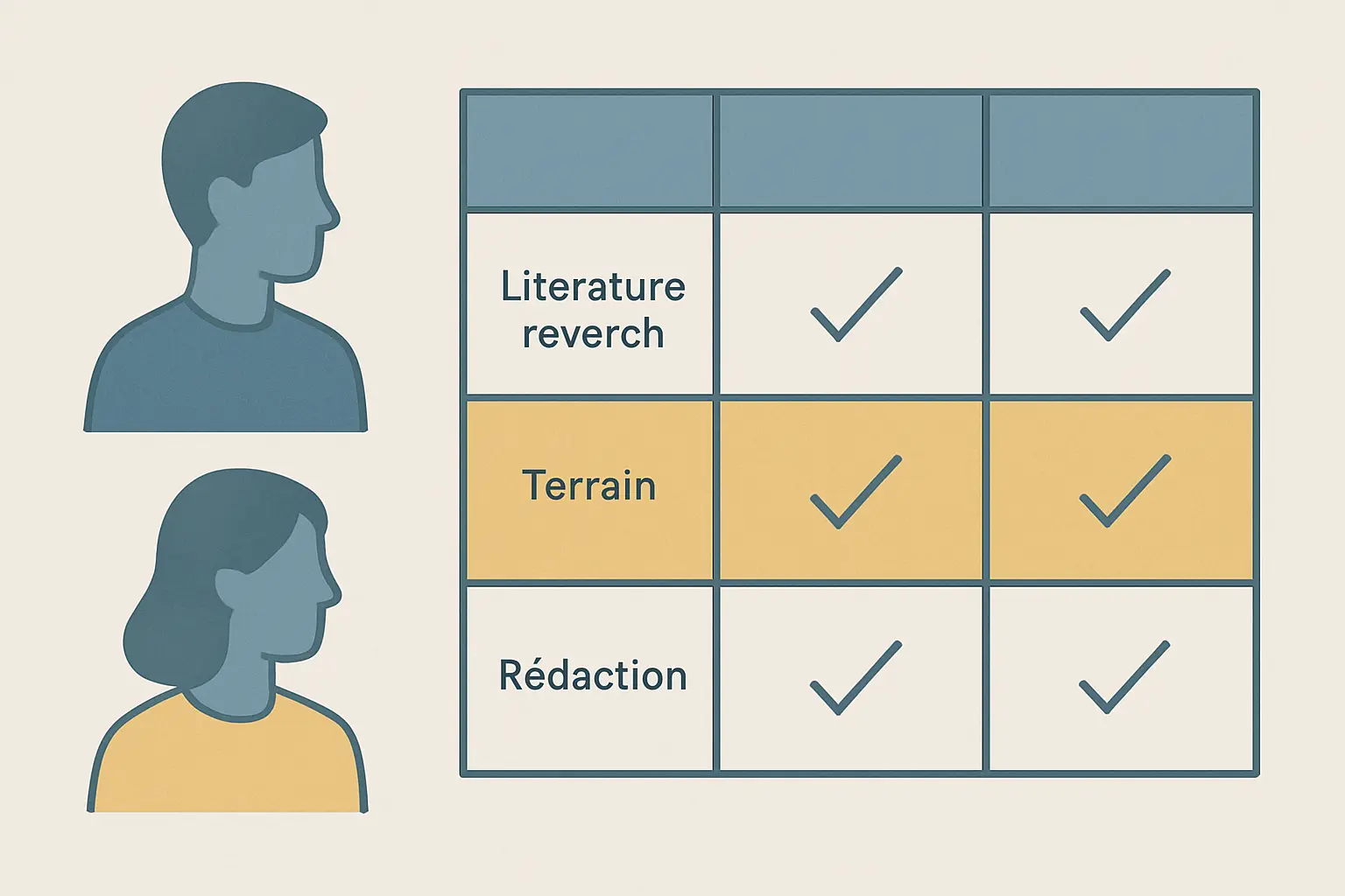Illustration de la répartition des tâches entre deux étudiants rédigeant un mémoire en binôme