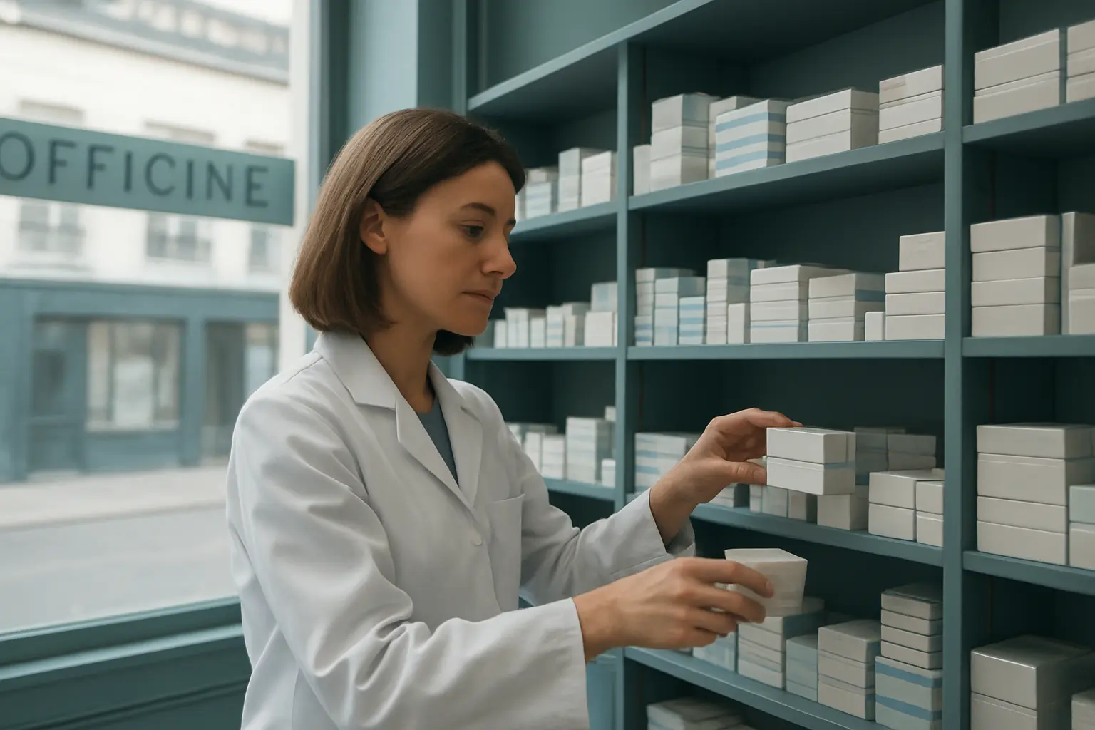 Pharmacien en officine, illustrant le lien entre pratique professionnelle et sujet de thèse d'exercice