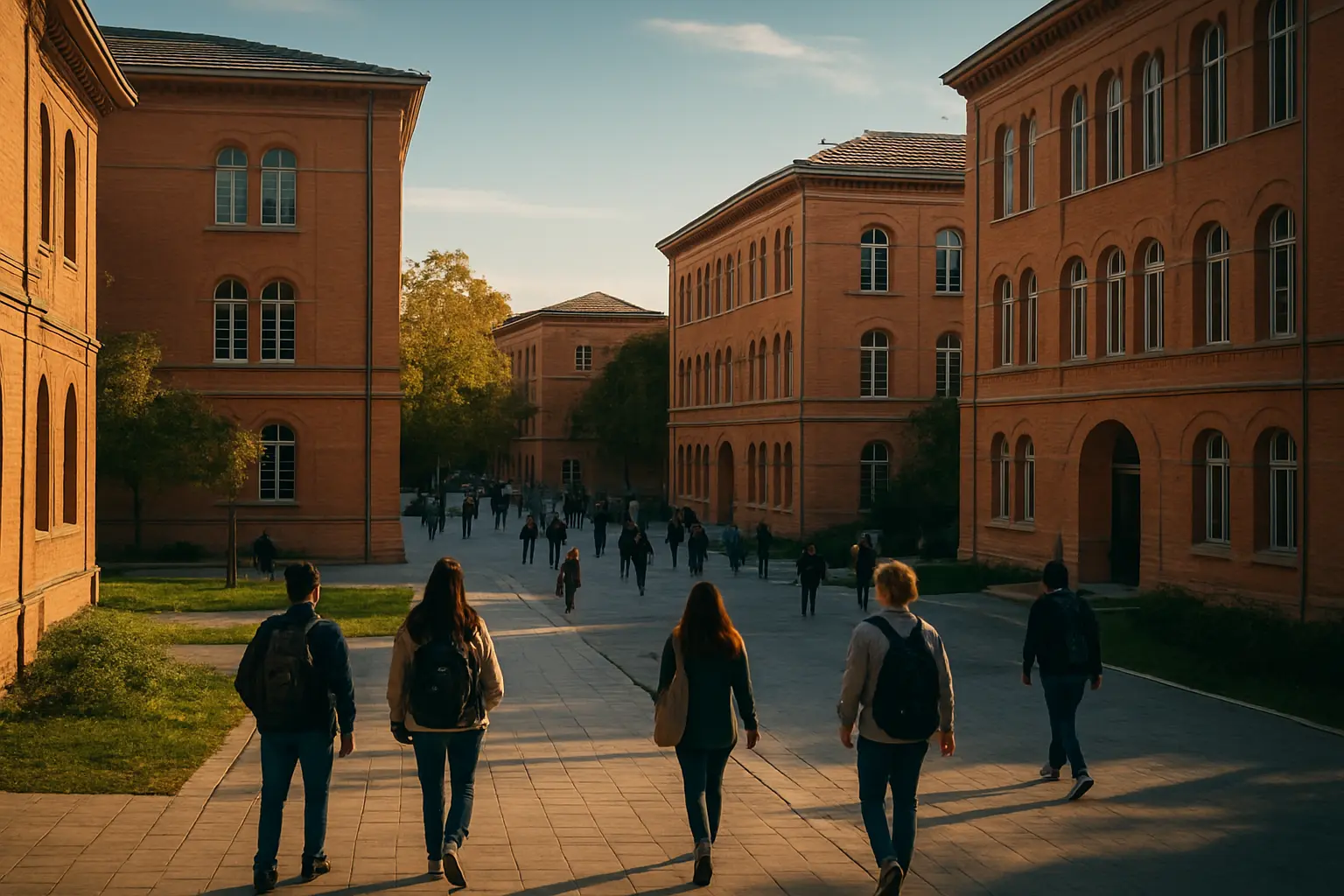 Campus universitaire en briques roses à Toulouse avec des étudiants