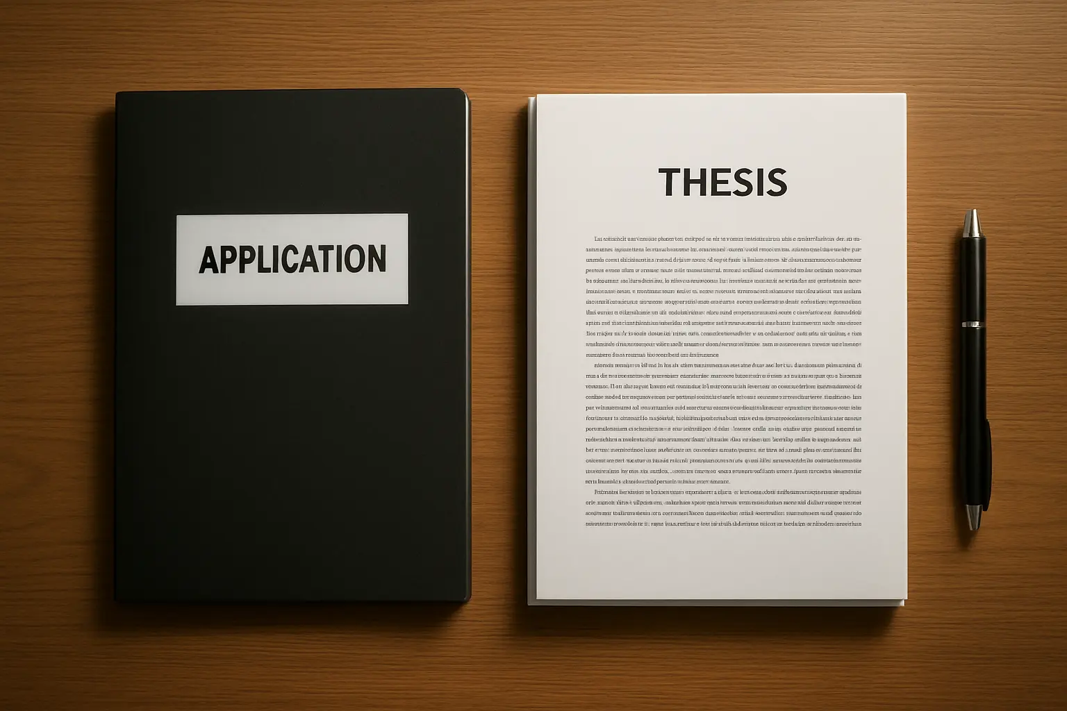 Dossier de candidature et thèse imprimée posés sur un bureau