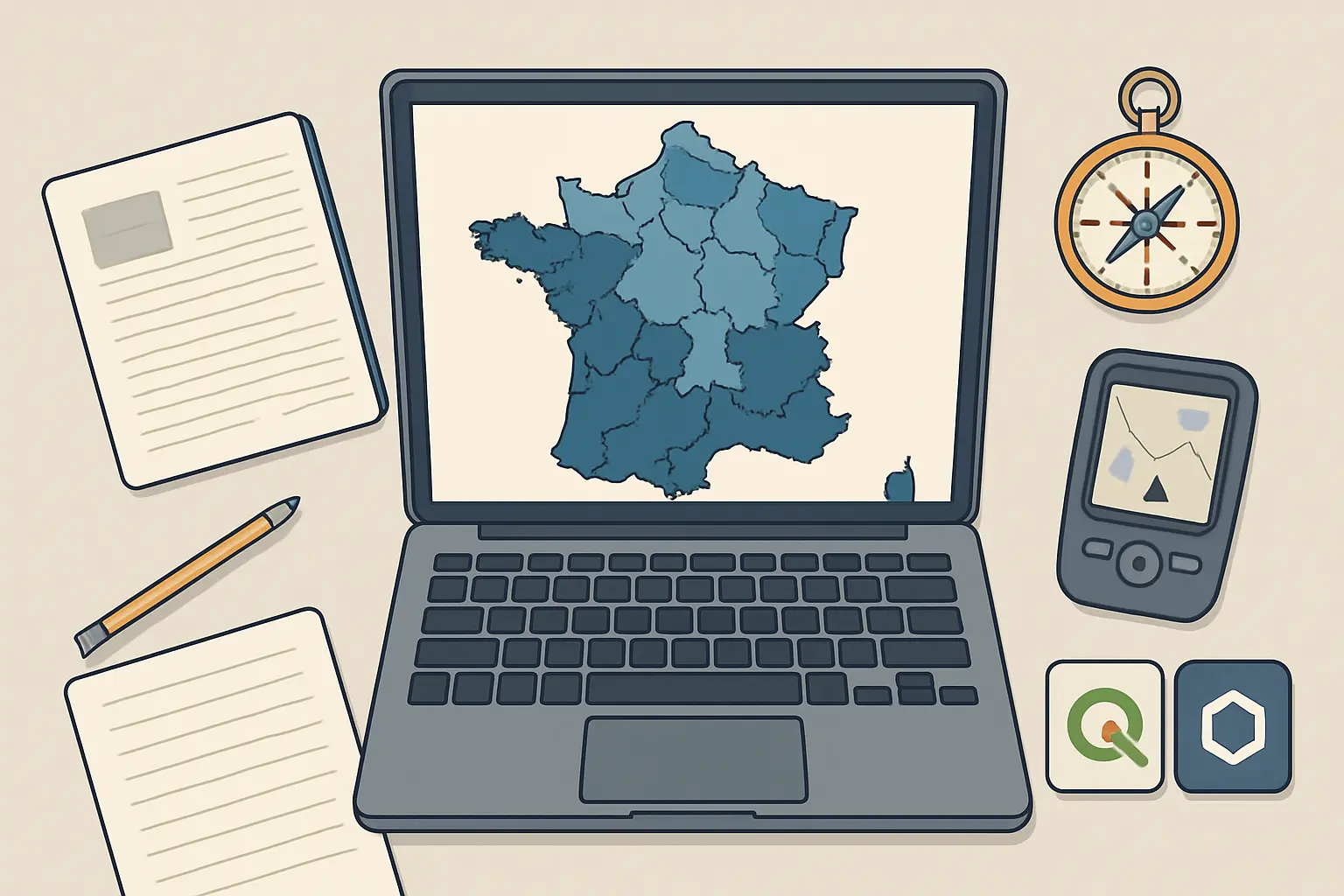 Illustration d'un flux de travail SIG sous QGIS pour un mémoire de géographie : carte choroplèthe de la France sur écran, notes de terrain et outils cartographiques
