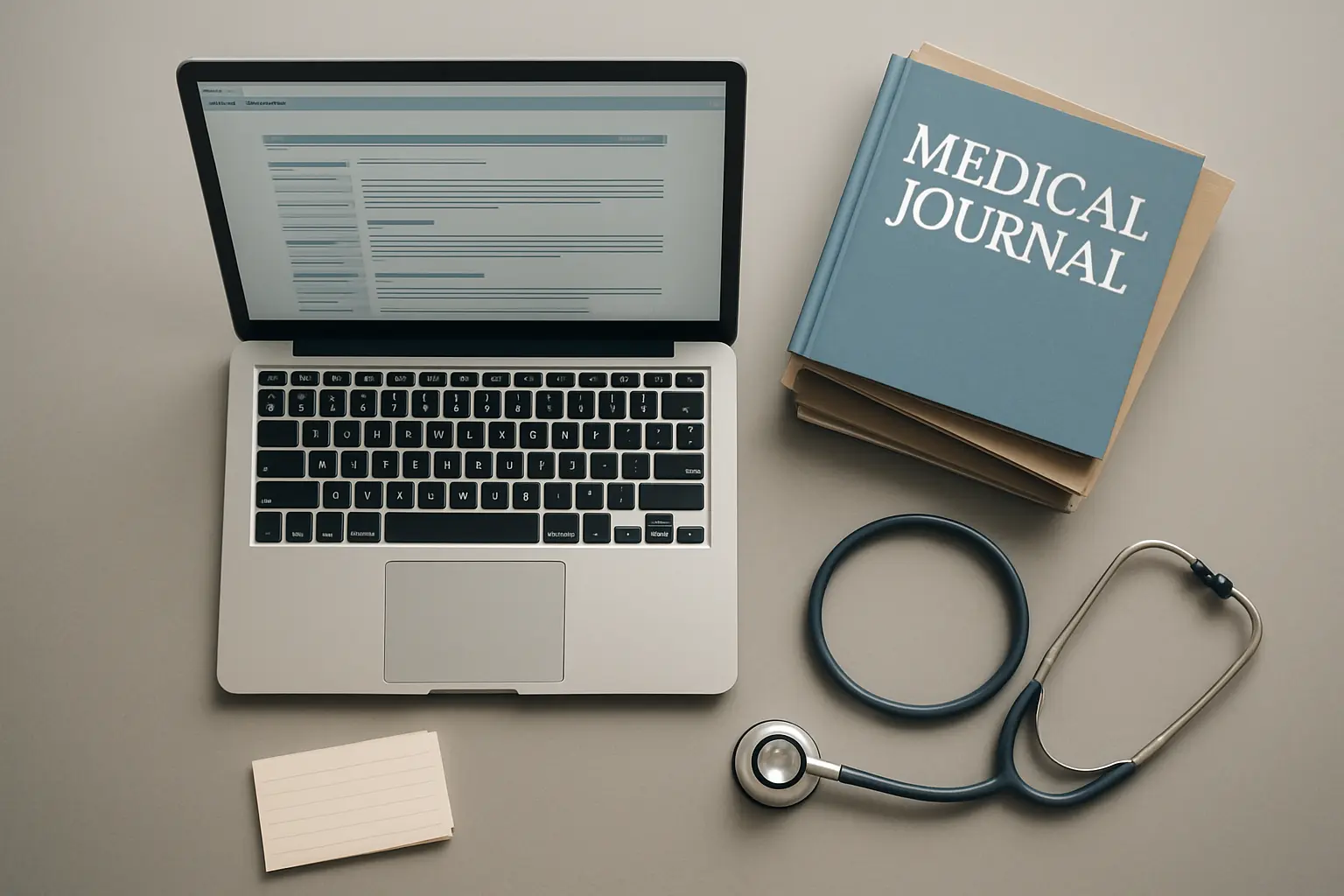 Espace de travail d'un interne en médecine menant une recherche bibliographique, avec ordinateur portable, revues médicales et stéthoscope