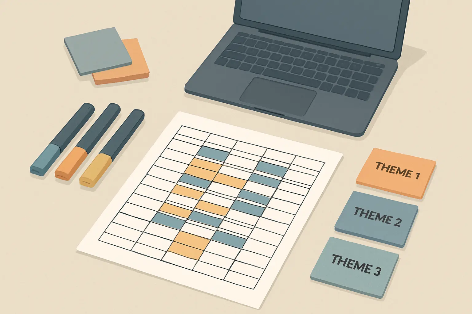 Illustration du codage thématique d'un entretien : tableau de catégories, post-its colorés et surligneurs pour l'analyse de contenu qualitative
