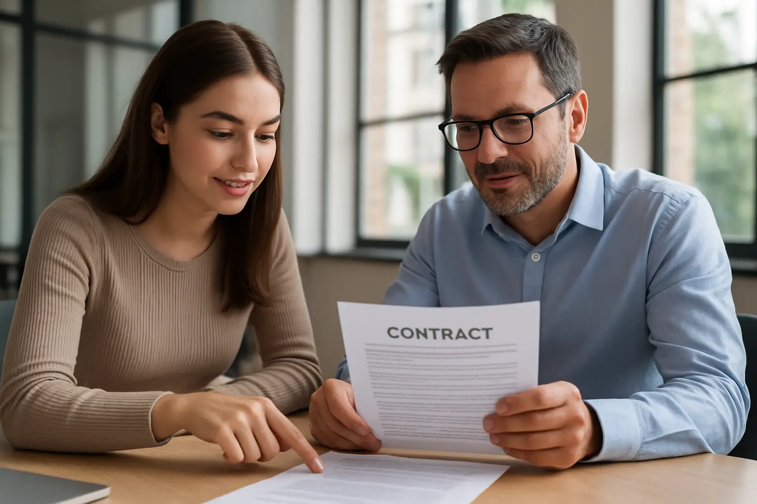 Étudiant en alternance et tuteur en entreprise examinant un document contractuel