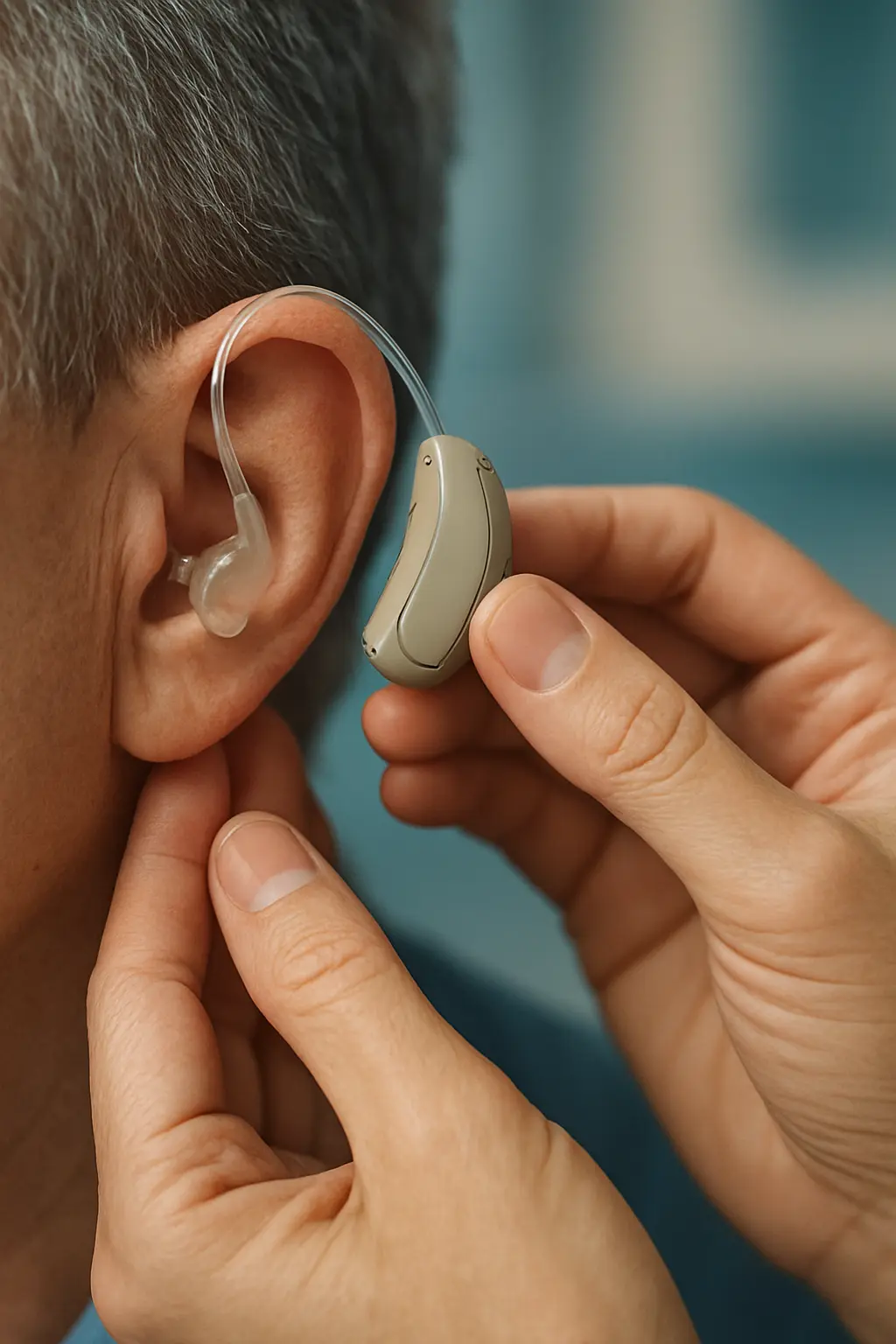 Appareil auditif contour d'oreille en cours d'ajustement clinique