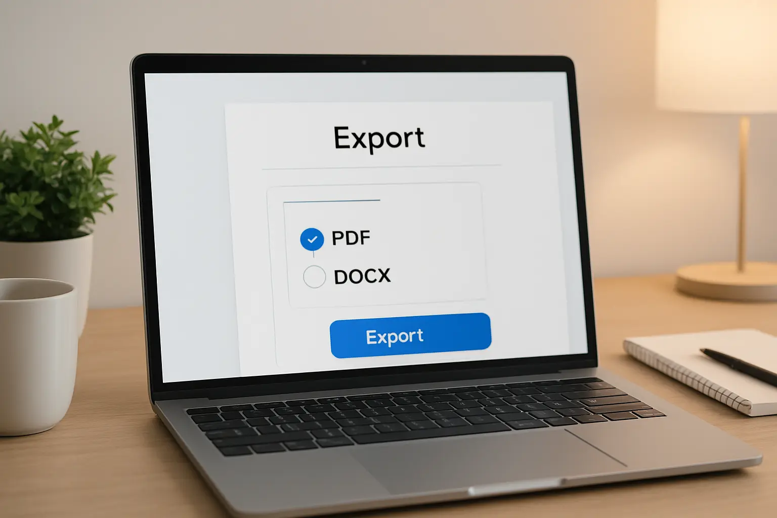 Écran d'ordinateur montrant l'export d'un document Word au format PDF