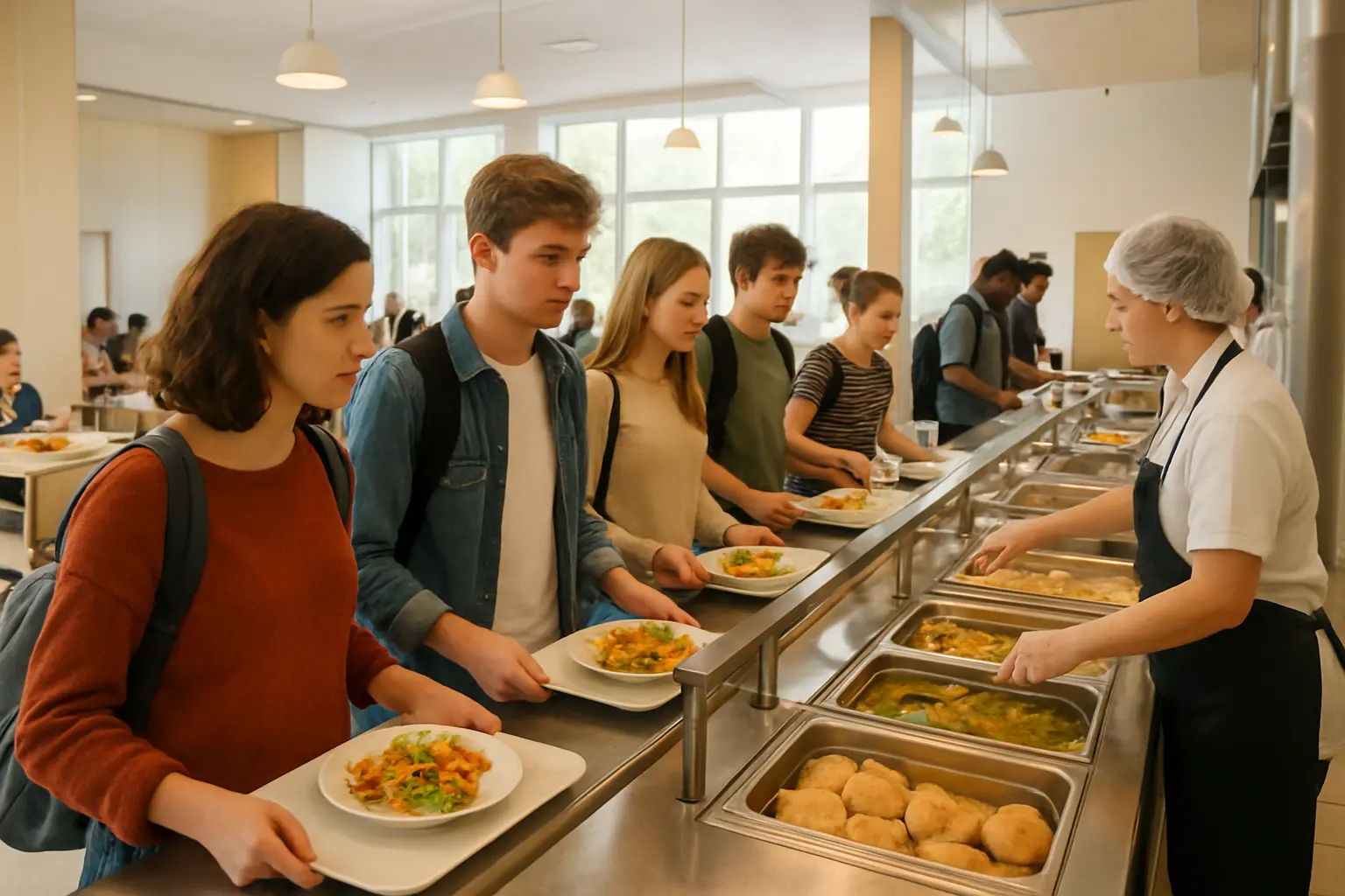 File d'étudiants dans un restaurant universitaire Crous à l'heure du déjeuner