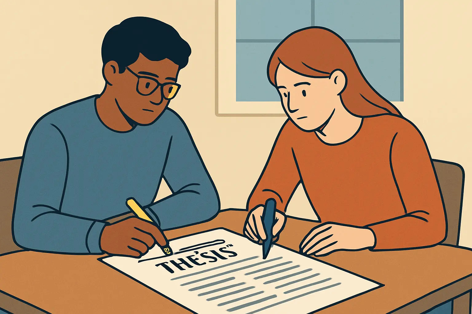 Illustration de deux étudiants rédigeant un mémoire ensemble en binôme
