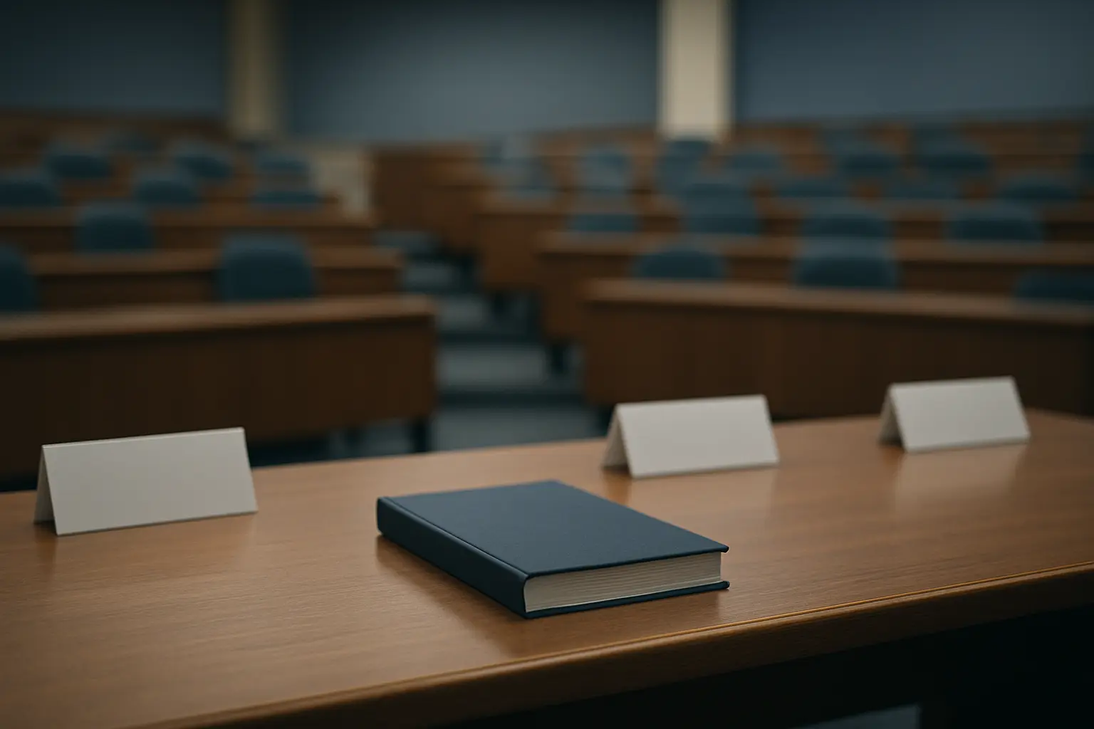 Salle de soutenance universitaire avec table du jury et manuscrit de thèse d'exercice de médecine