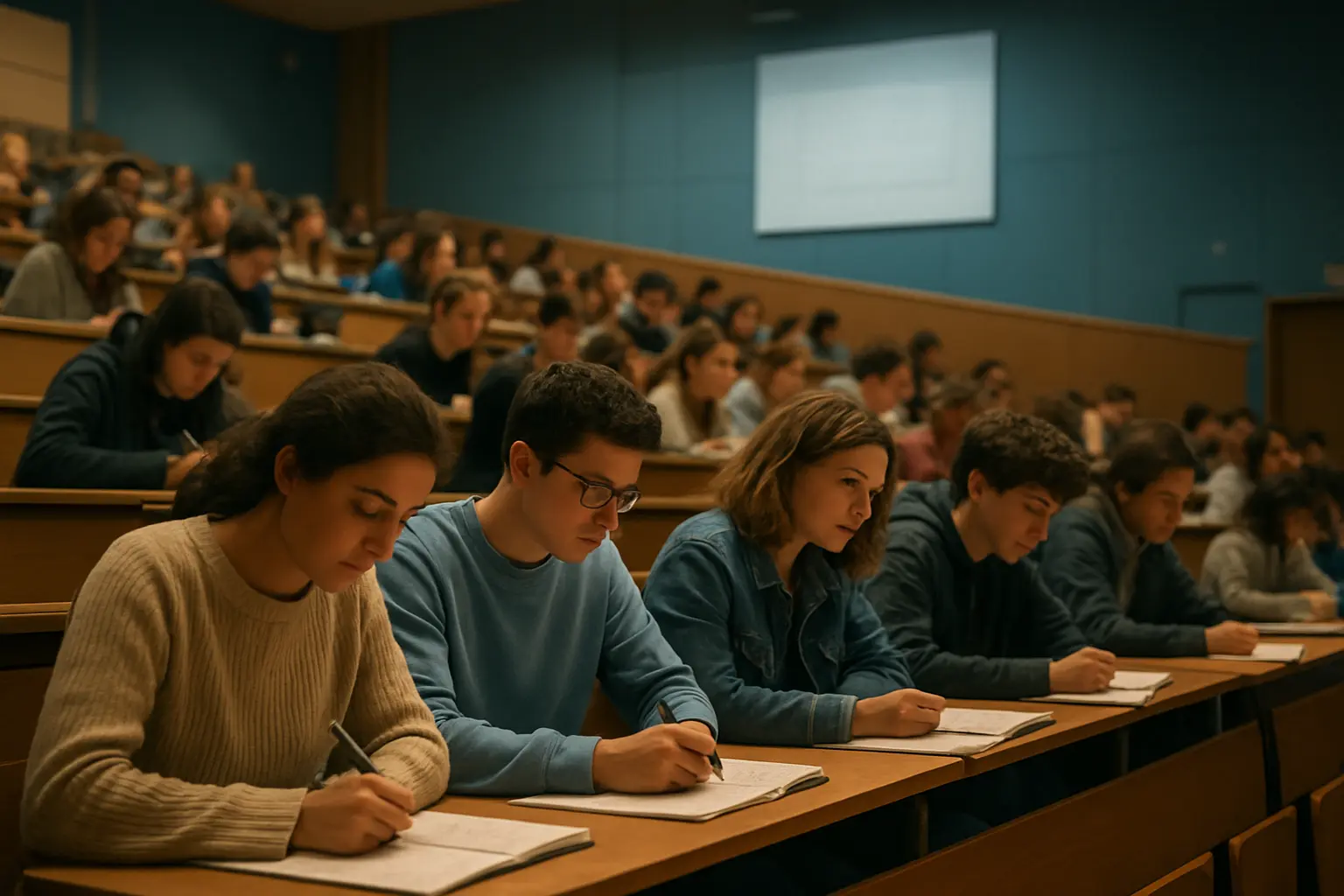 Amphithéâtre universitaire avec des étudiants de première année de santé en cours