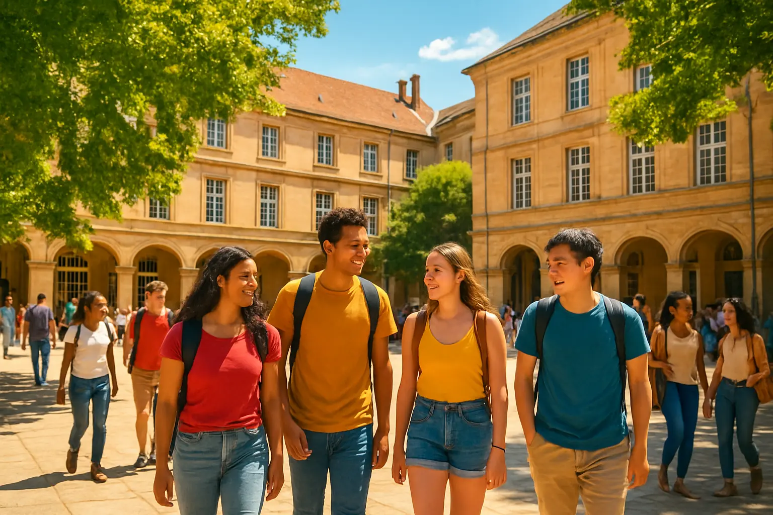 Campus universitaire français animé par des étudiants internationaux en été
