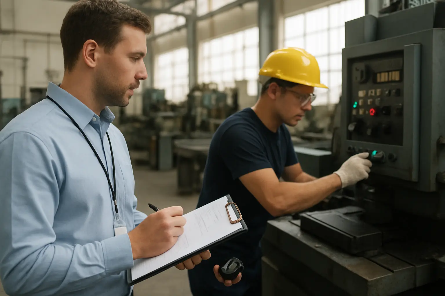 Ergonome observant l'activité réelle d'un opérateur sur son poste de travail