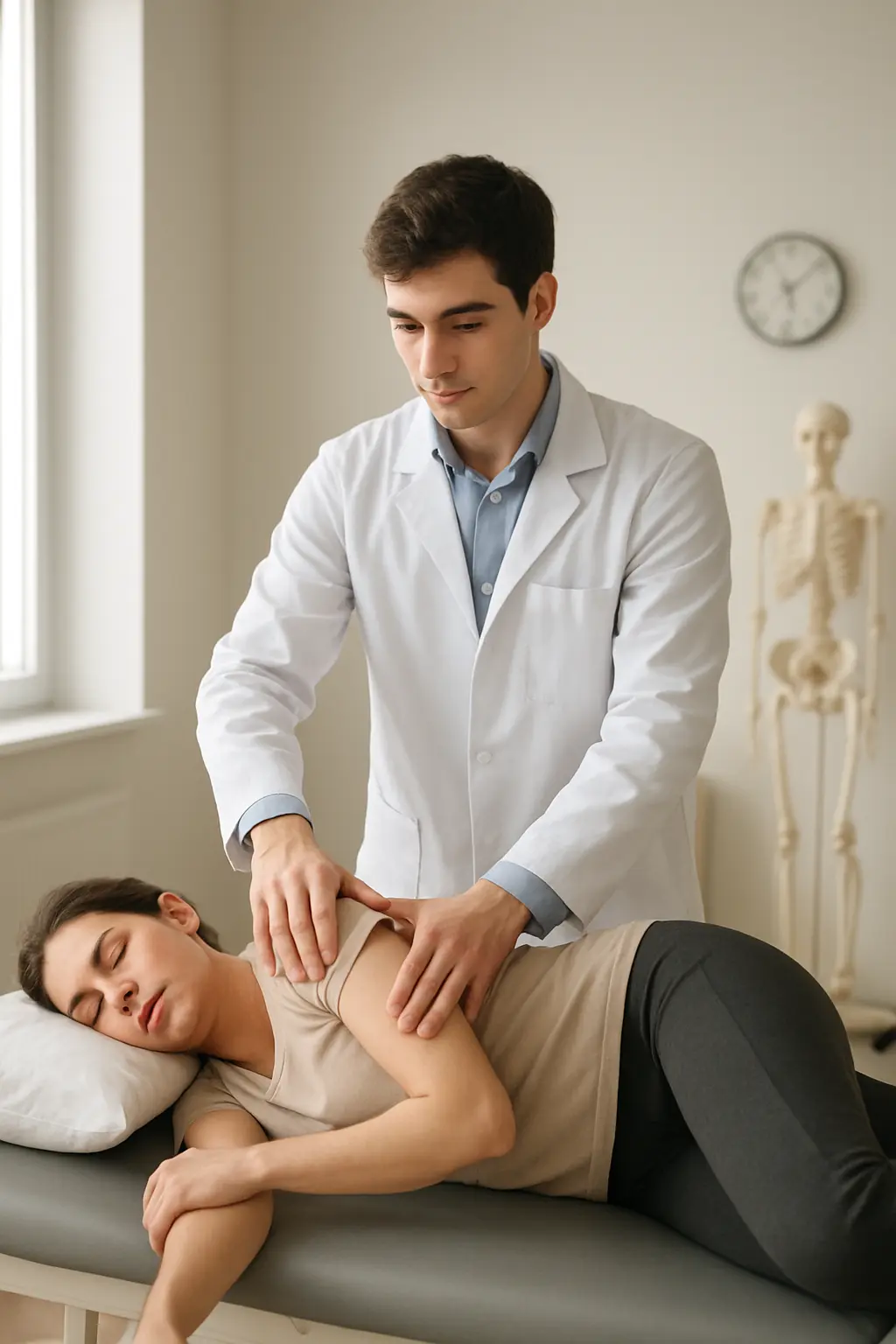 Étudiant en ostéopathie appliquant une technique clinique lors d'une consultation encadrée